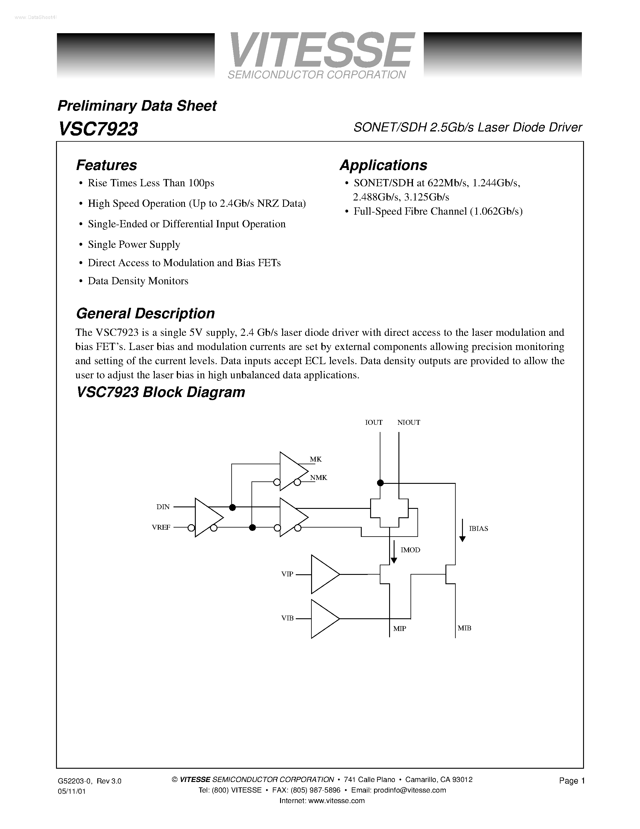 Даташит VSC7923 - SONET/SDH 2.5Gb/s Laser Diode Driver страница 1