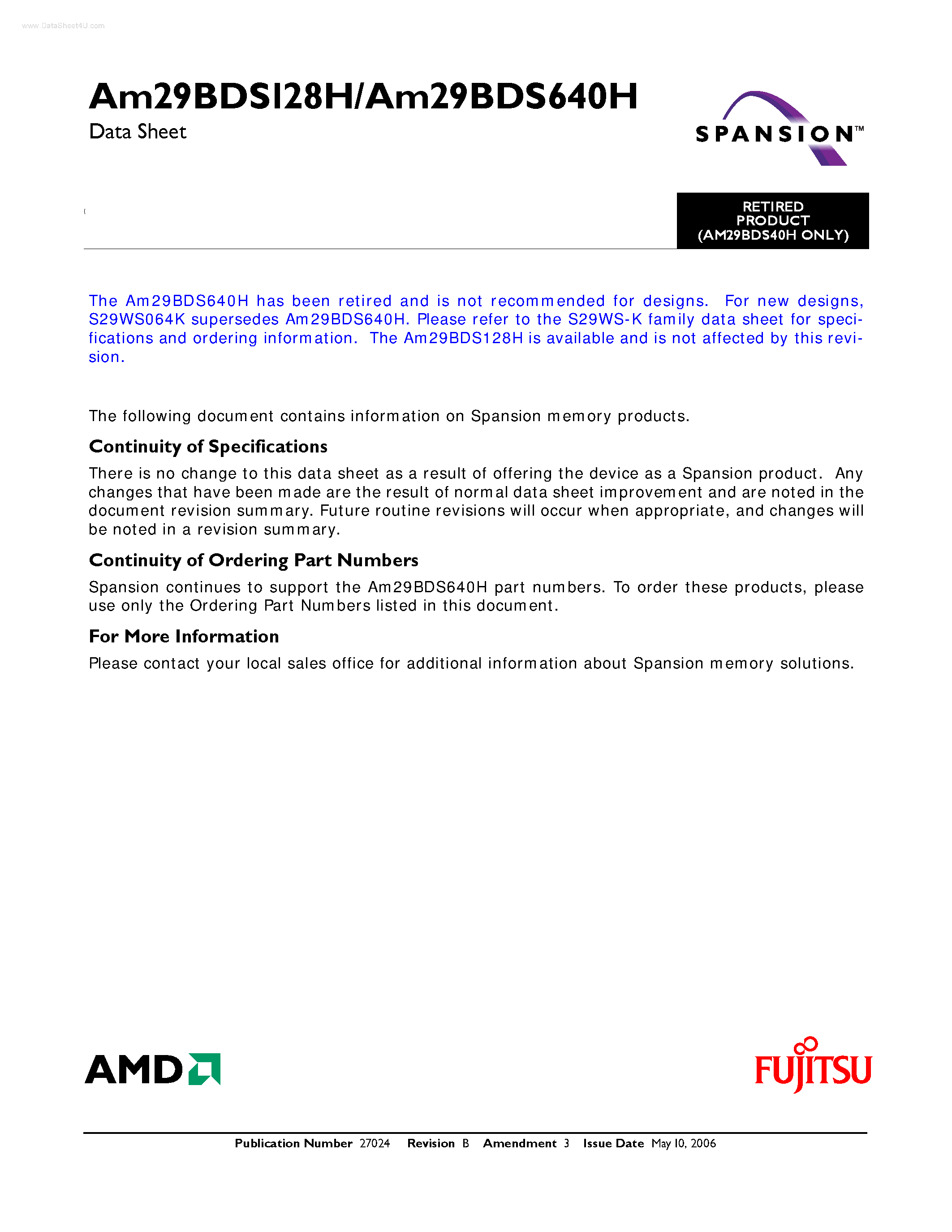 Datasheet AM29BDS128H - (AM29BDS128H / AM29BDS640H) Burst Mode Flash Memory page 1