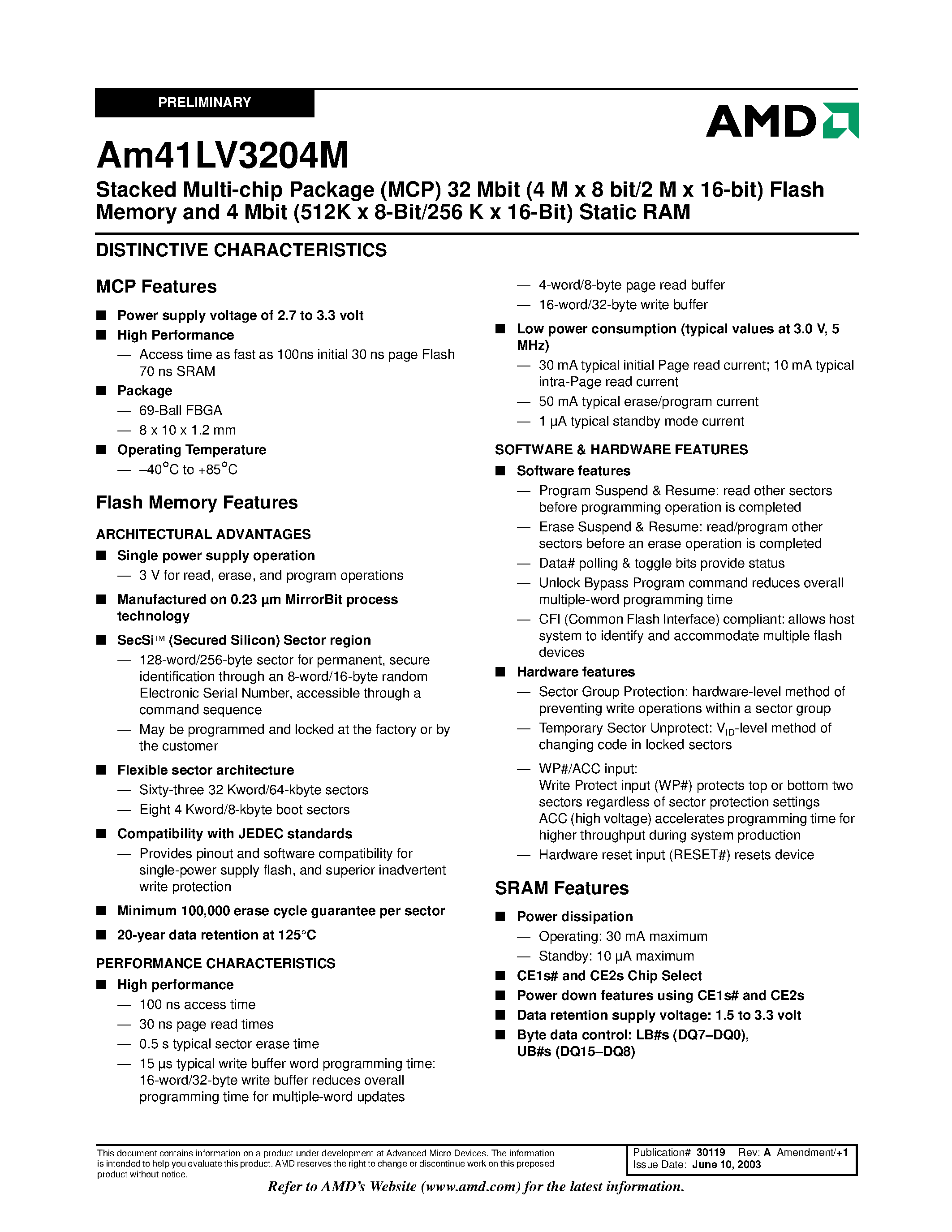 Datasheet AM41LV3204M - Static RAM page 2