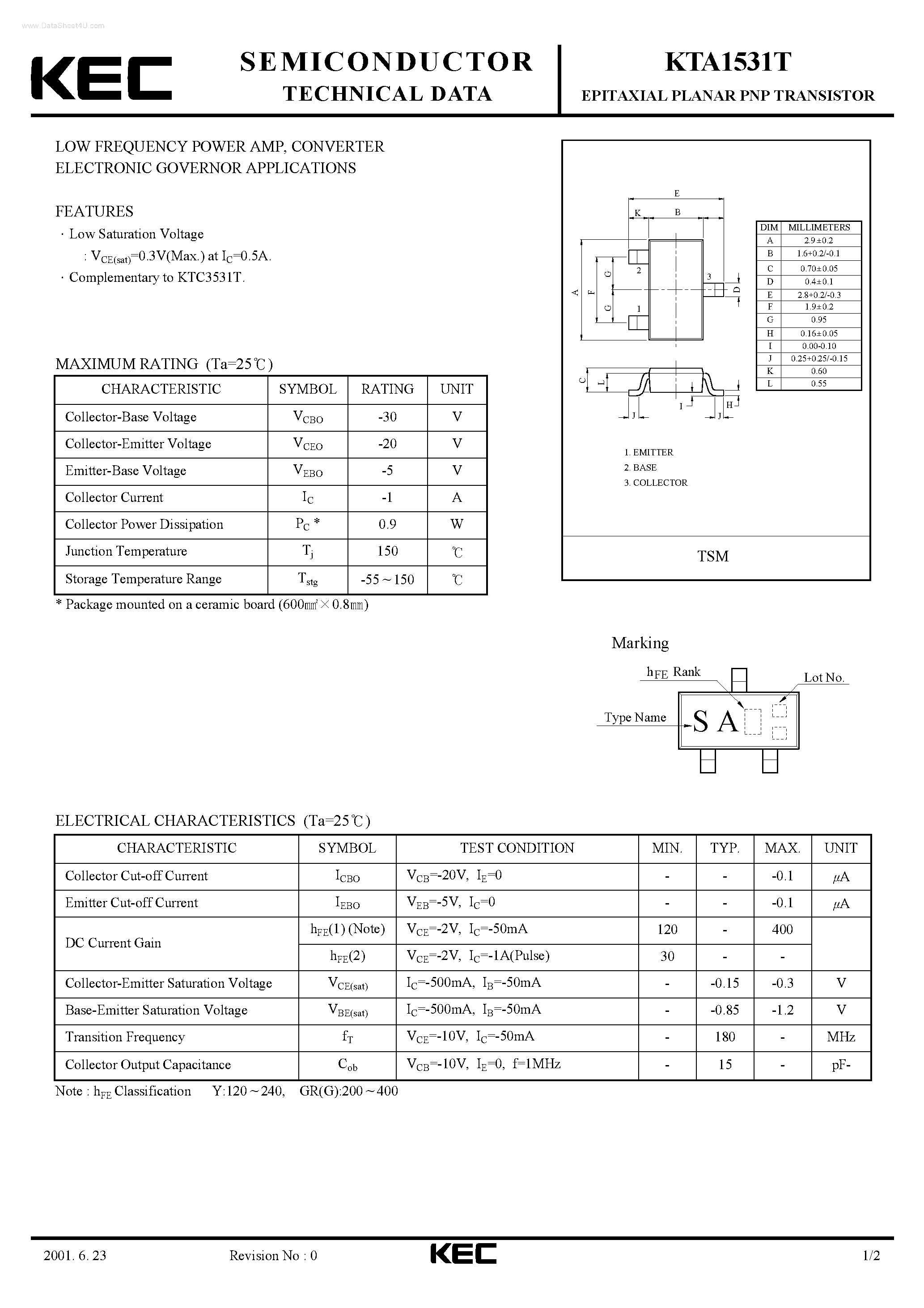 Datasheet KTA1531T - EPITAXIAL PLANAR PNP TRANSISTOR page 1