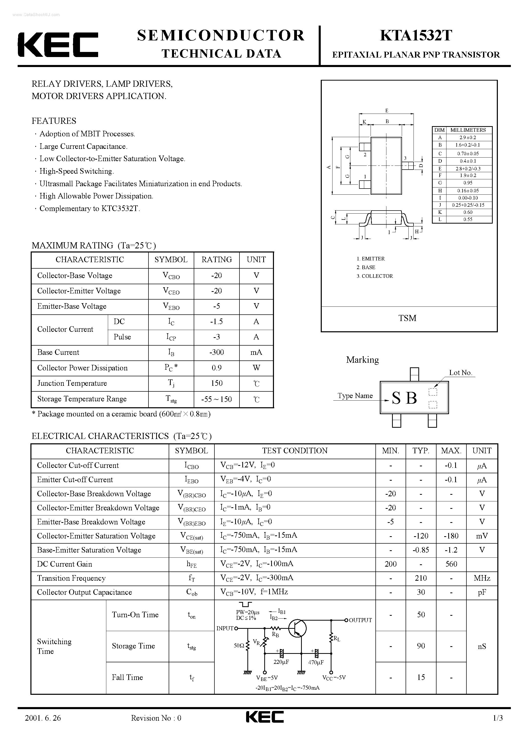 Datasheet KTA1532T - EPITAXIAL PLANAR PNP TRANSISTOR page 1