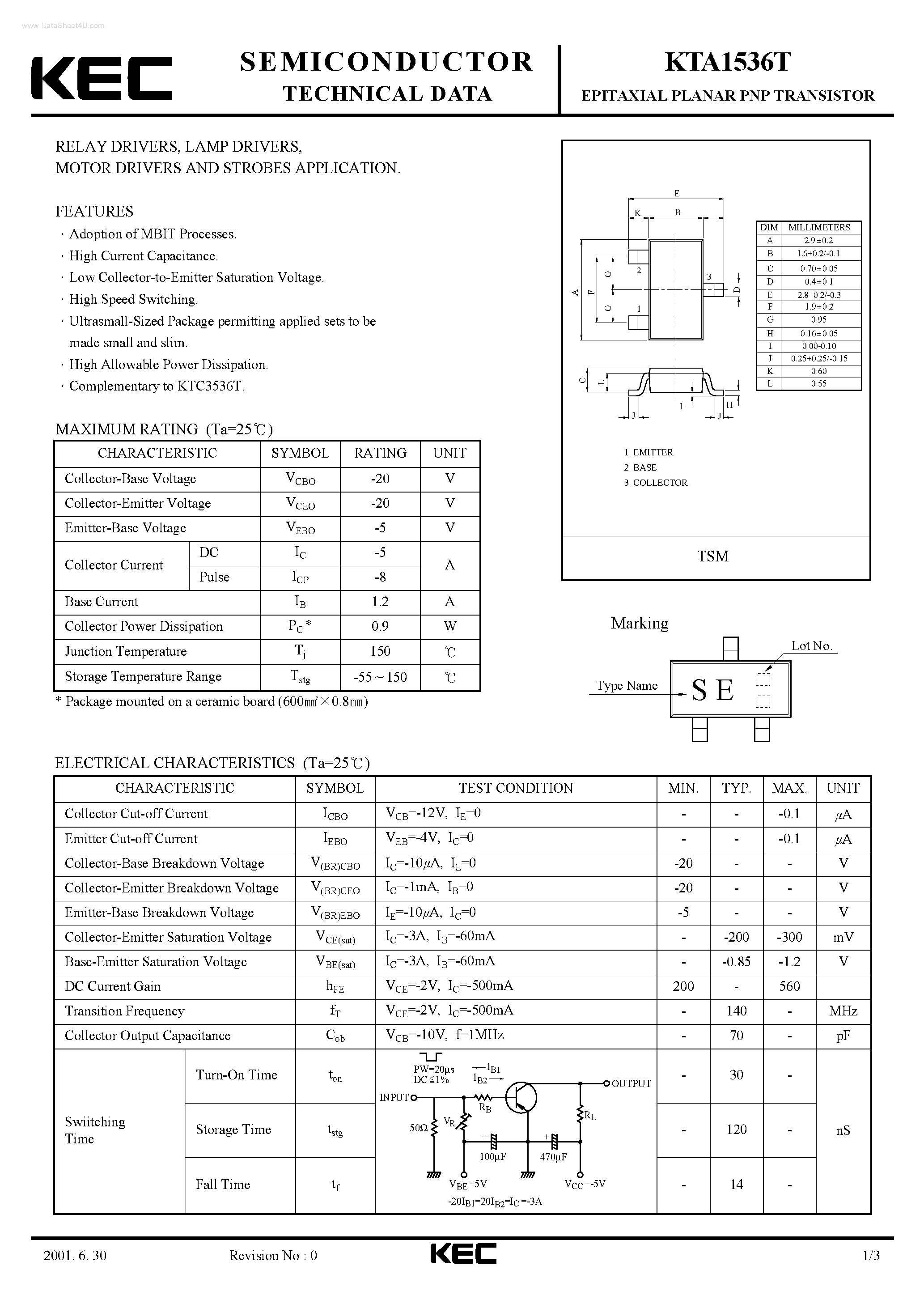 Даташит KTA1536T - EPITAXIAL PLANAR PNP TRANSISTOR страница 1