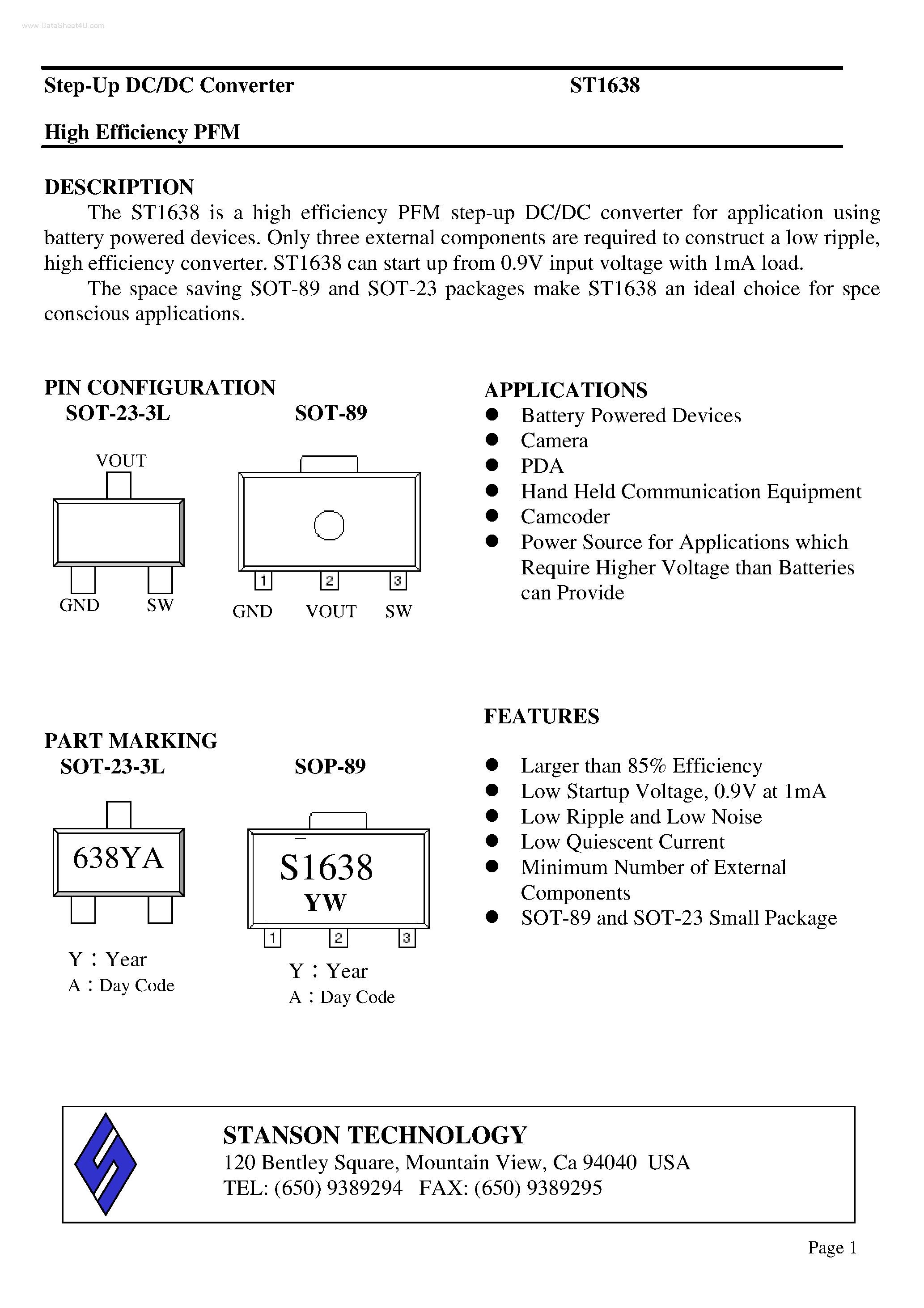 Datasheet ST1638 - Step-Up DC/DC Converter High Efficiency PFM page 1