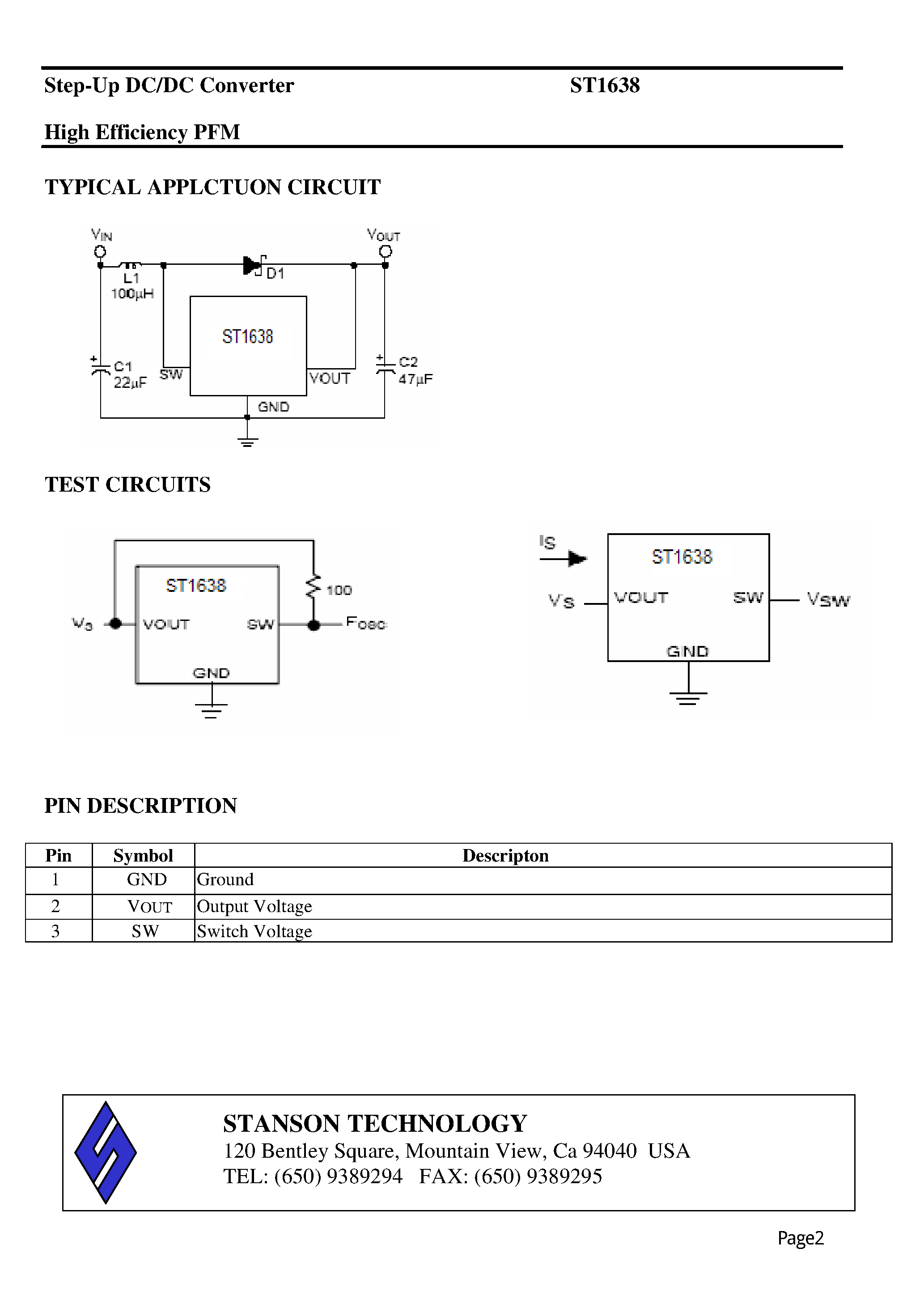 Datasheet ST1638 - Step-Up DC/DC Converter High Efficiency PFM page 2