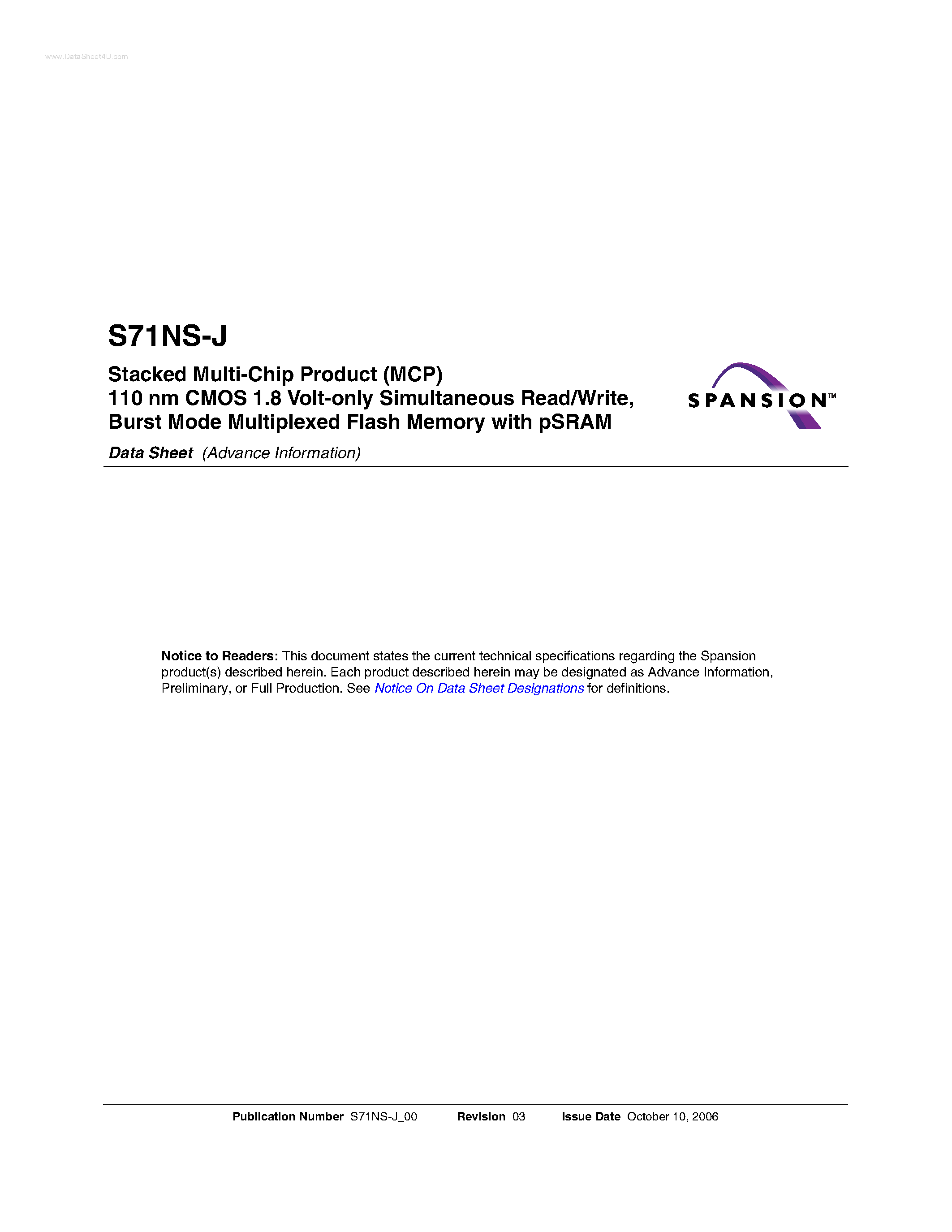 Datasheet S71NS-J page 1 Datasheet S71NS-J - Stacked Multi-Chip Product (MCP) page 1