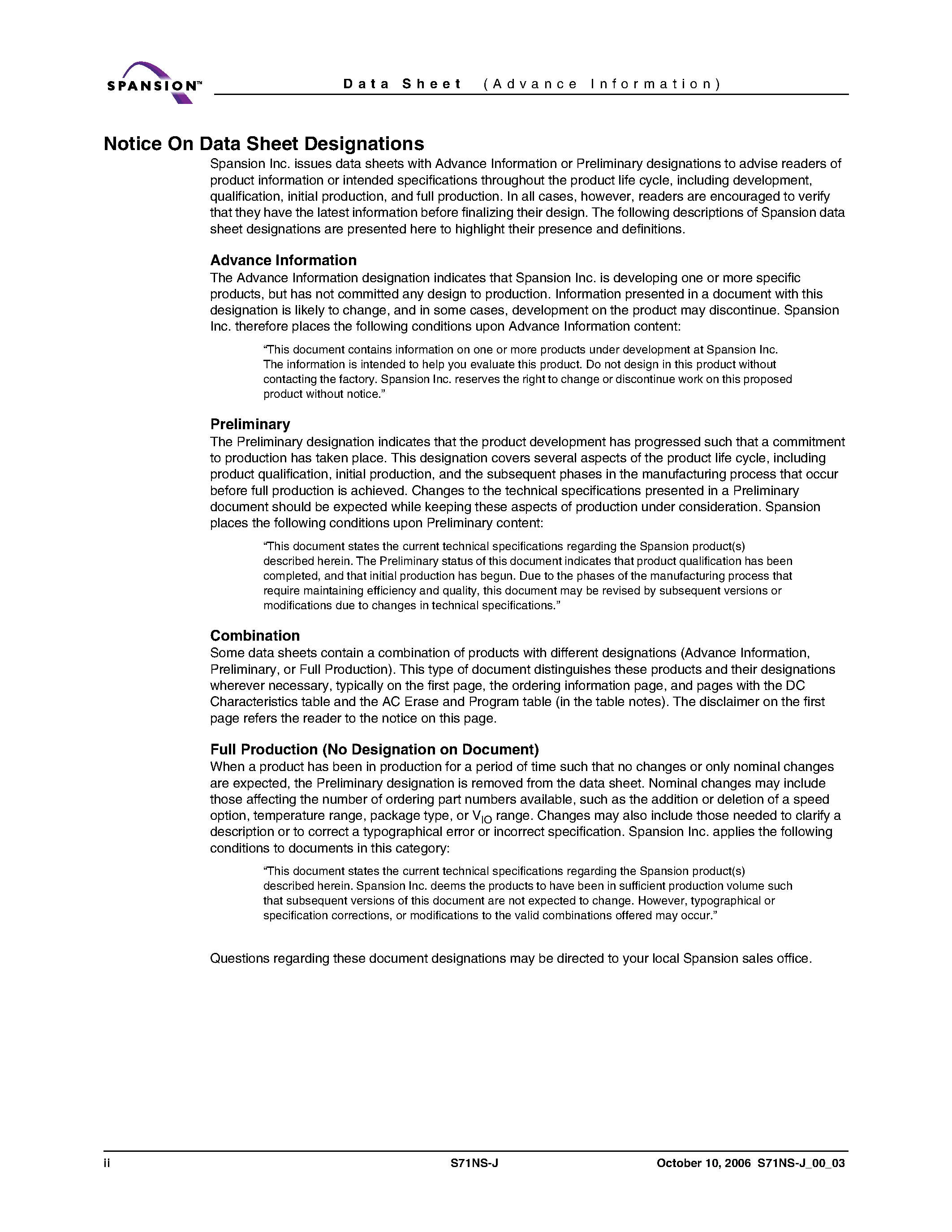 Datasheet S71NS-J page 2 Datasheet S71NS-J - Stacked Multi-Chip Product (MCP) page 2