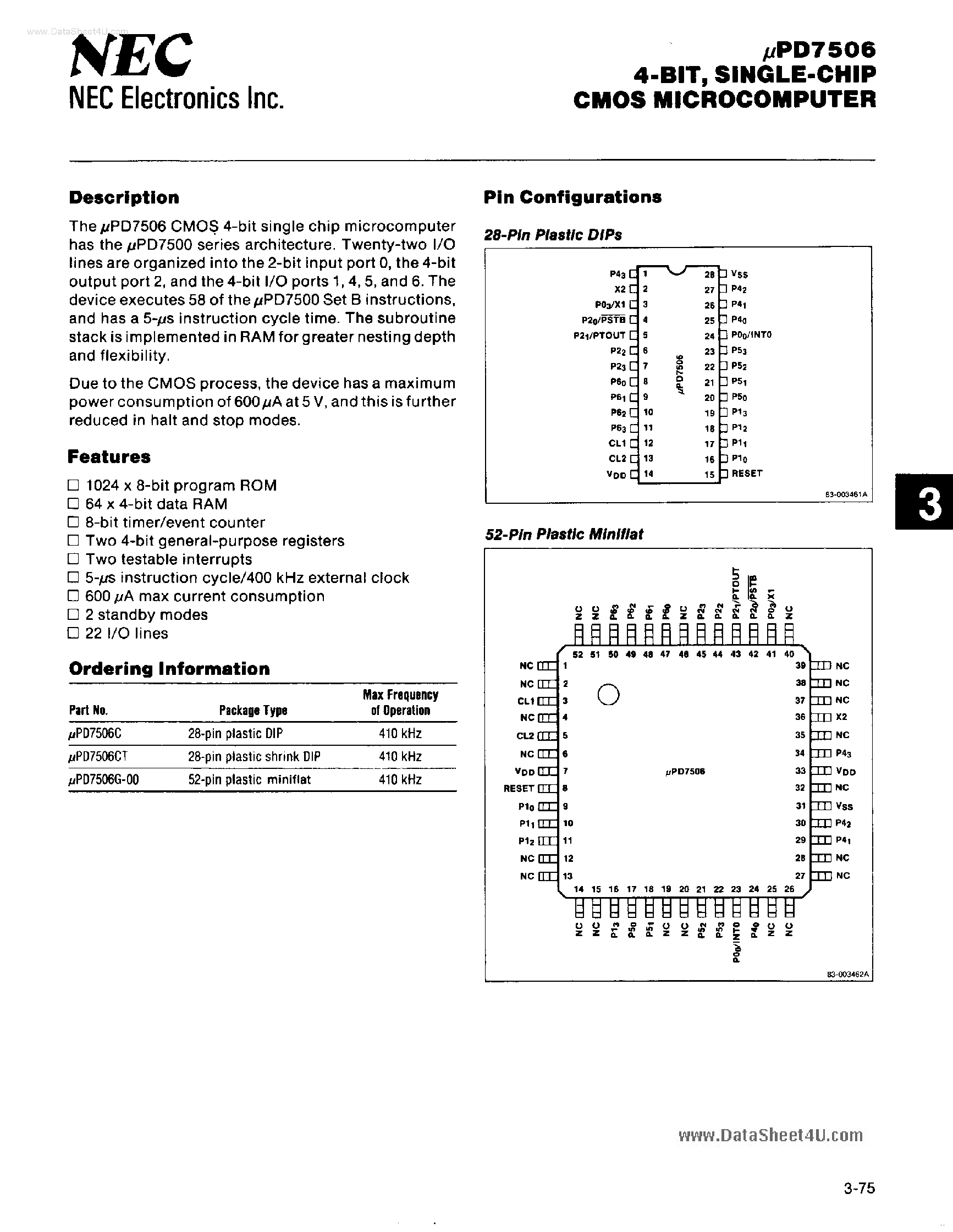 Datasheet UPD7506 - 4-Bit Single-Chip CMOS Microcomputer page 1