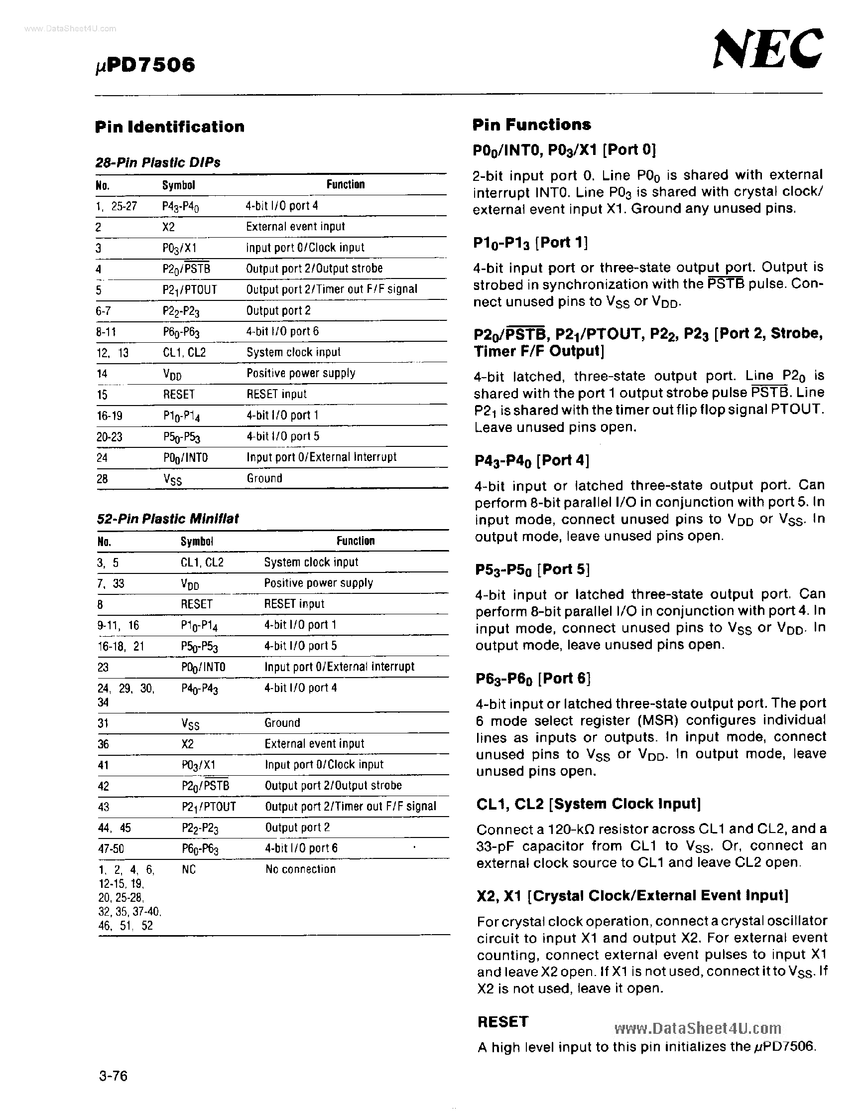 Datasheet UPD7506 - 4-Bit Single-Chip CMOS Microcomputer page 2