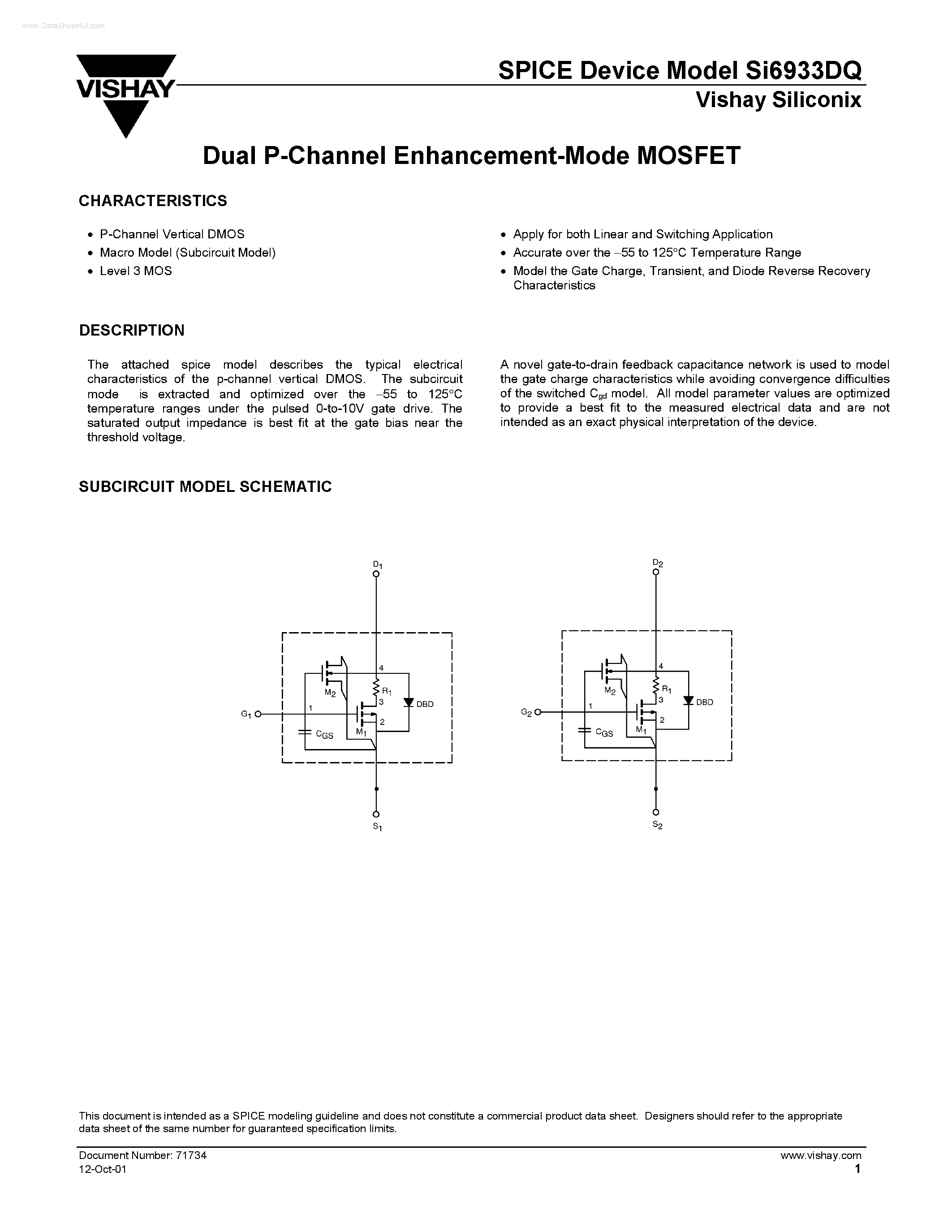 Даташит SI6933DQ - Dual P-Channel Enhancement-Mode MOSFET страница 1