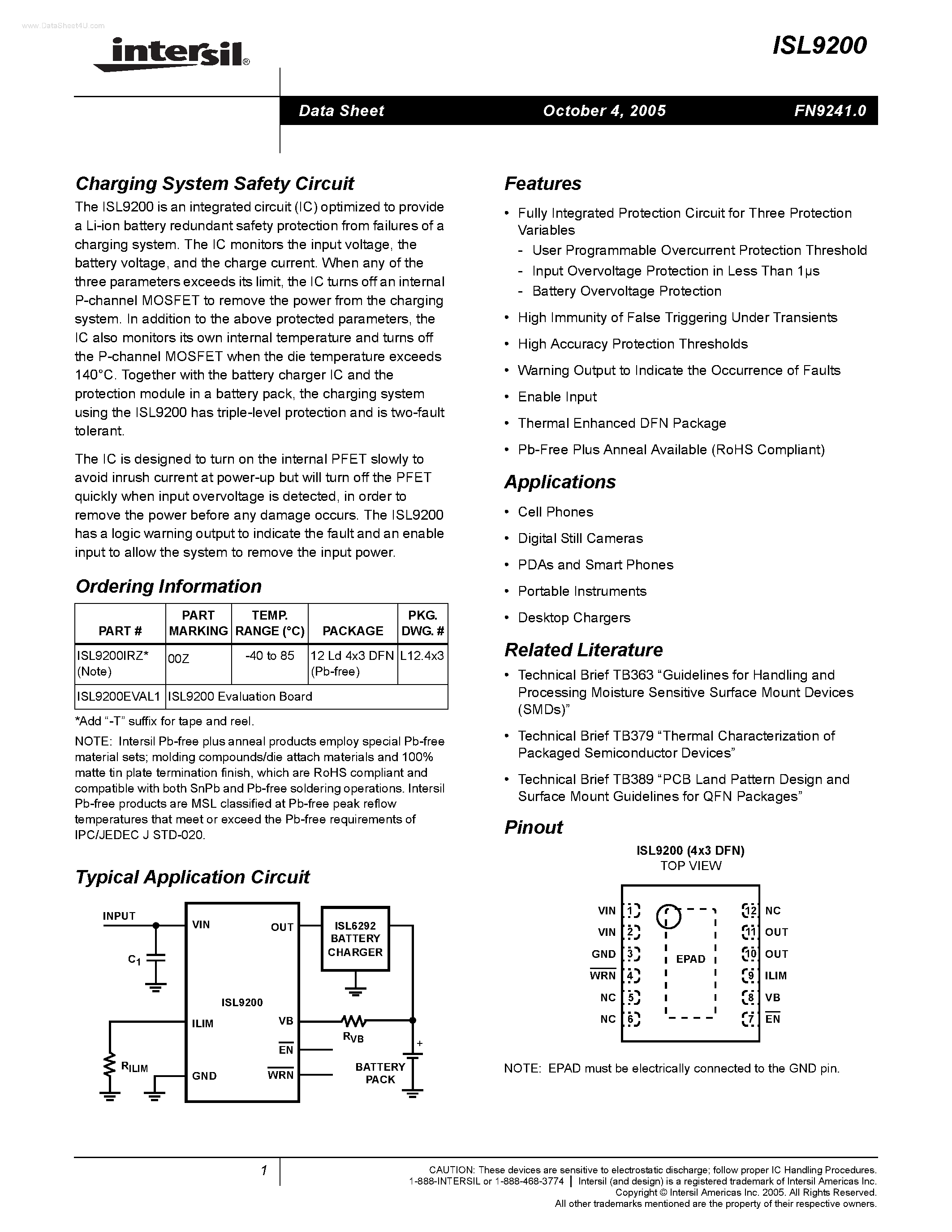 Datasheet ISL9200 - Charging System Safety Circuit page 1