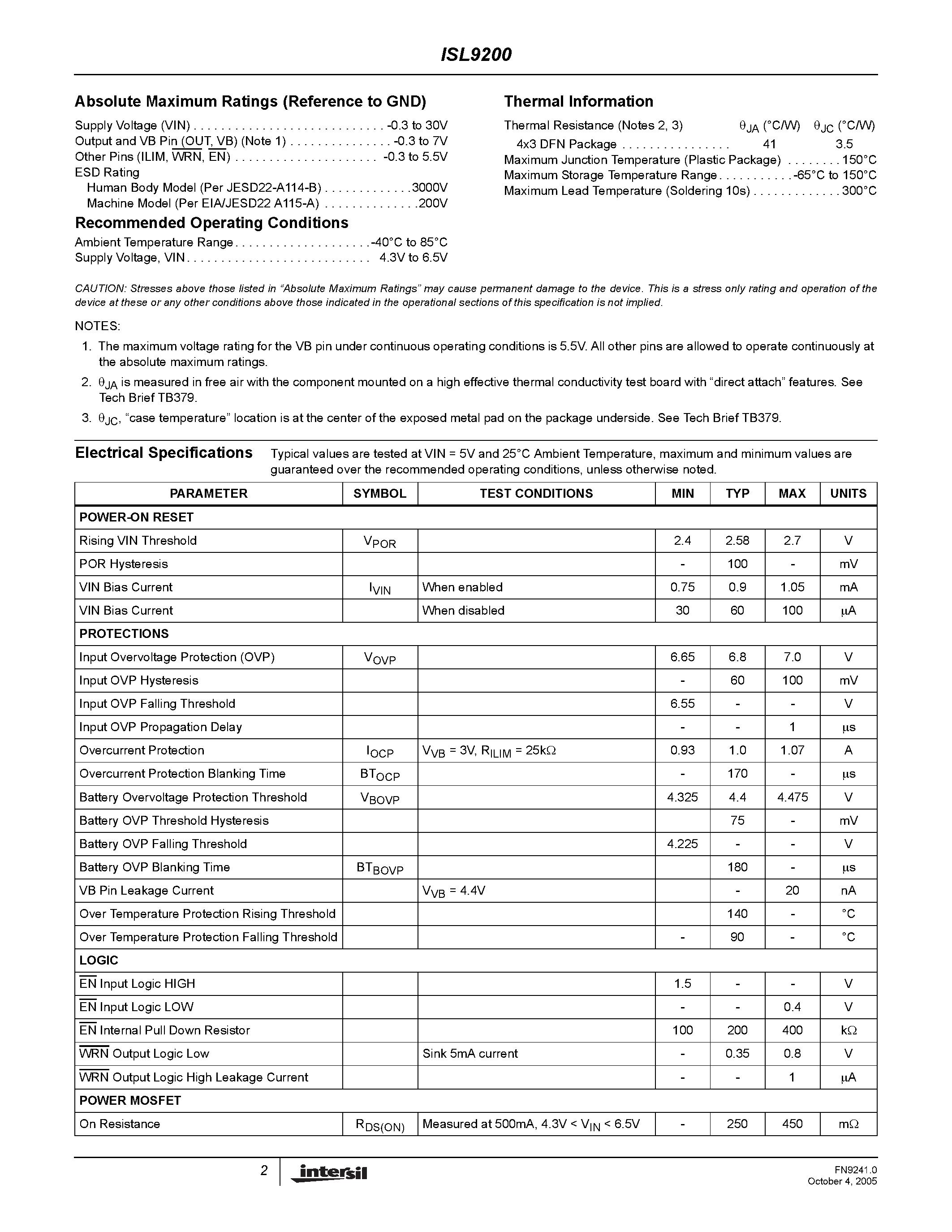 Datasheet ISL9200 - Charging System Safety Circuit page 2