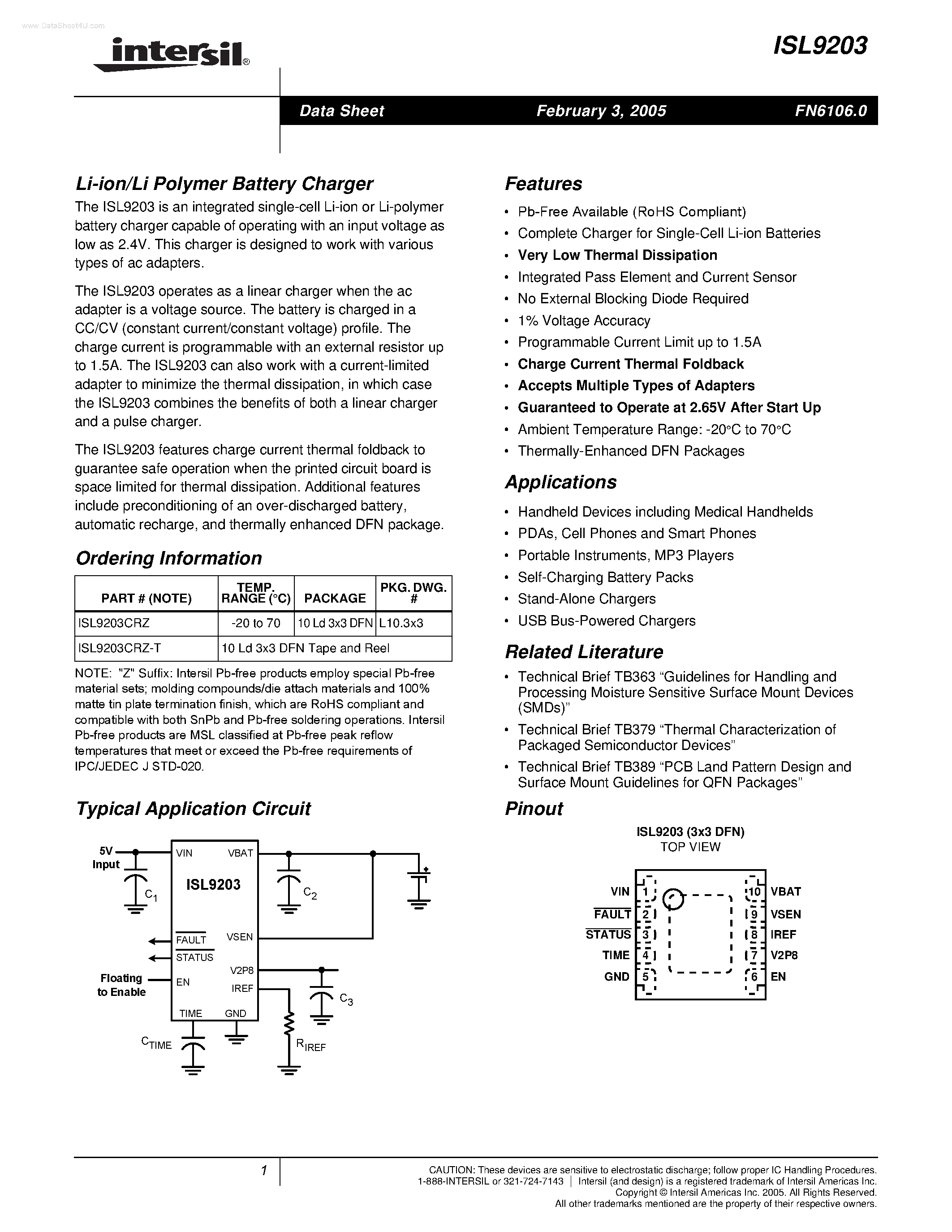 Datasheet ISL9203 - Li-ion/Li Polymer Battery Charger page 1