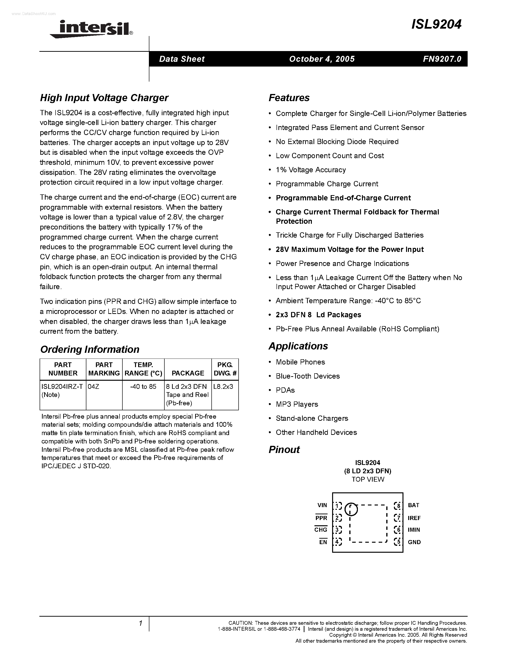 Datasheet ISL9204 - High Input Voltage Charger page 1