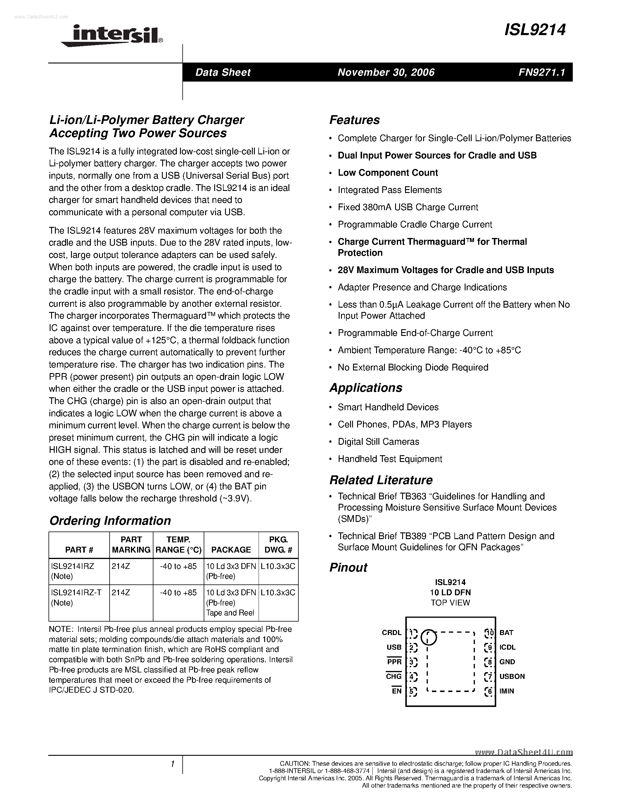 Datasheet ISL9214 - Li-ion/Li Polymer Battery Charger page 1