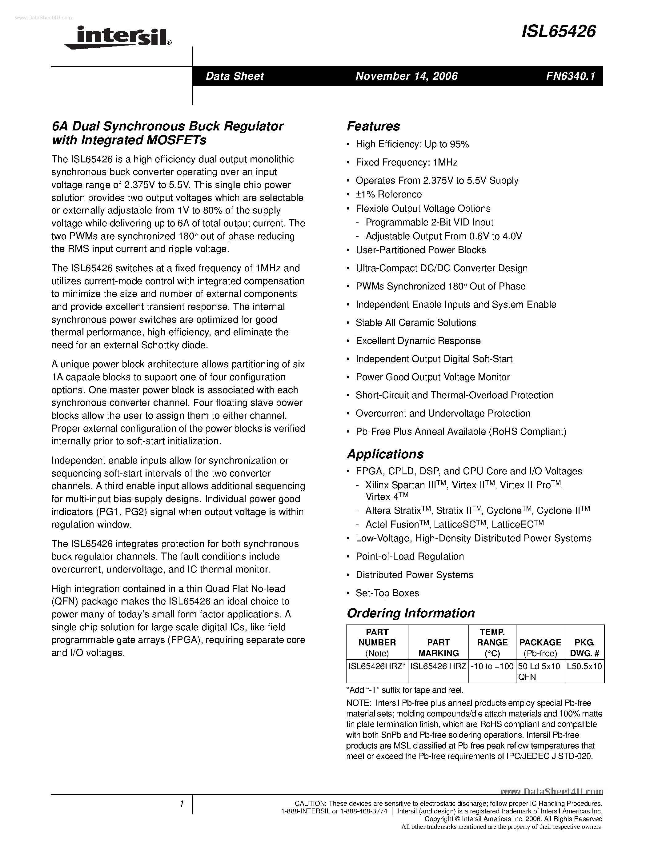 Datasheet ISL65426 - 6A Dual Synchronous Buck Regulator page 1