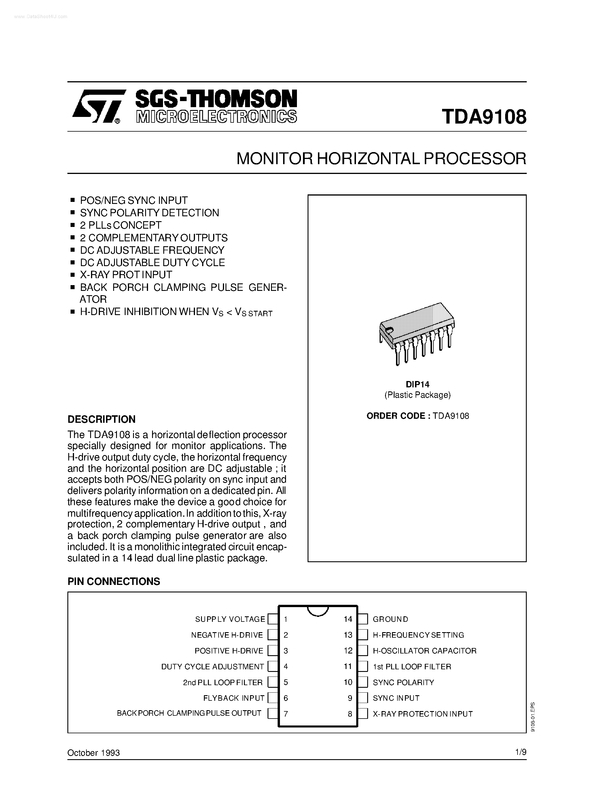 Даташит TDA9108 - MONITOR HORIZONTAL PROCESSOR страница 1