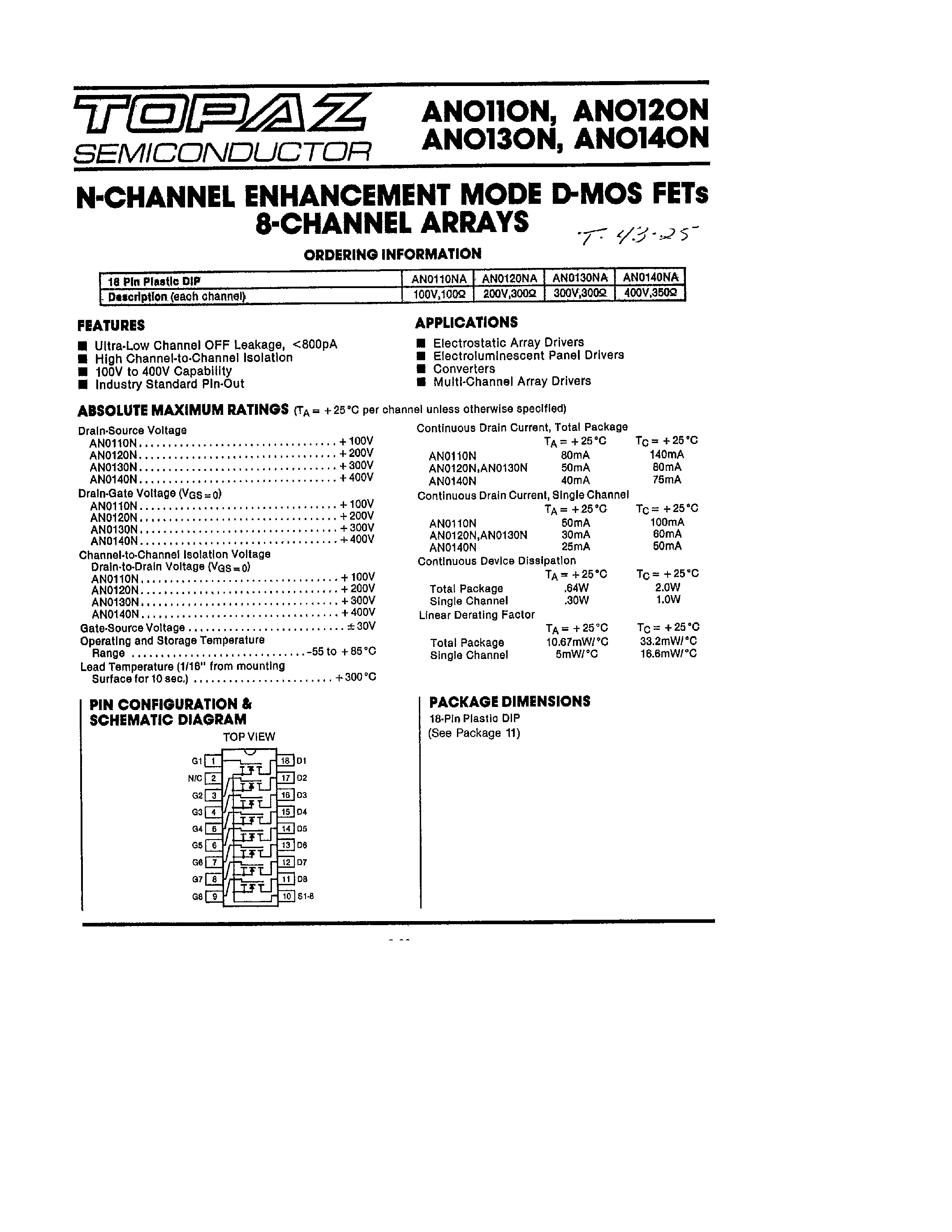 Даташит ANO11ON - (ANO11ON - ANO14ON) N-CHANNEL XNHANCEMENT MODE D-MOS FETS 8-CHANNEL ARRAYS страница 1