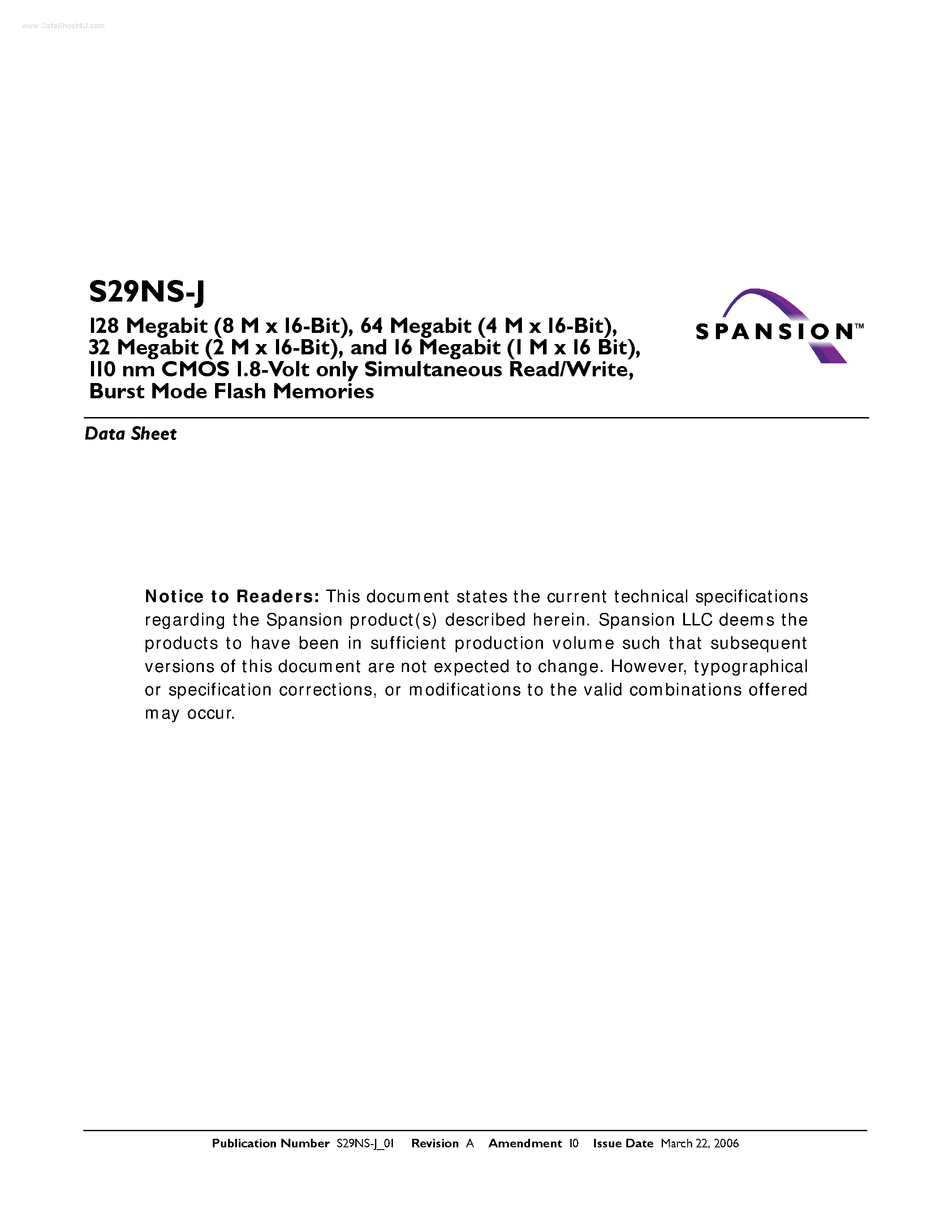 Datasheet S29NS-J page 1 Datasheet S29NS-J - Burst Mode Flash Memories page 1