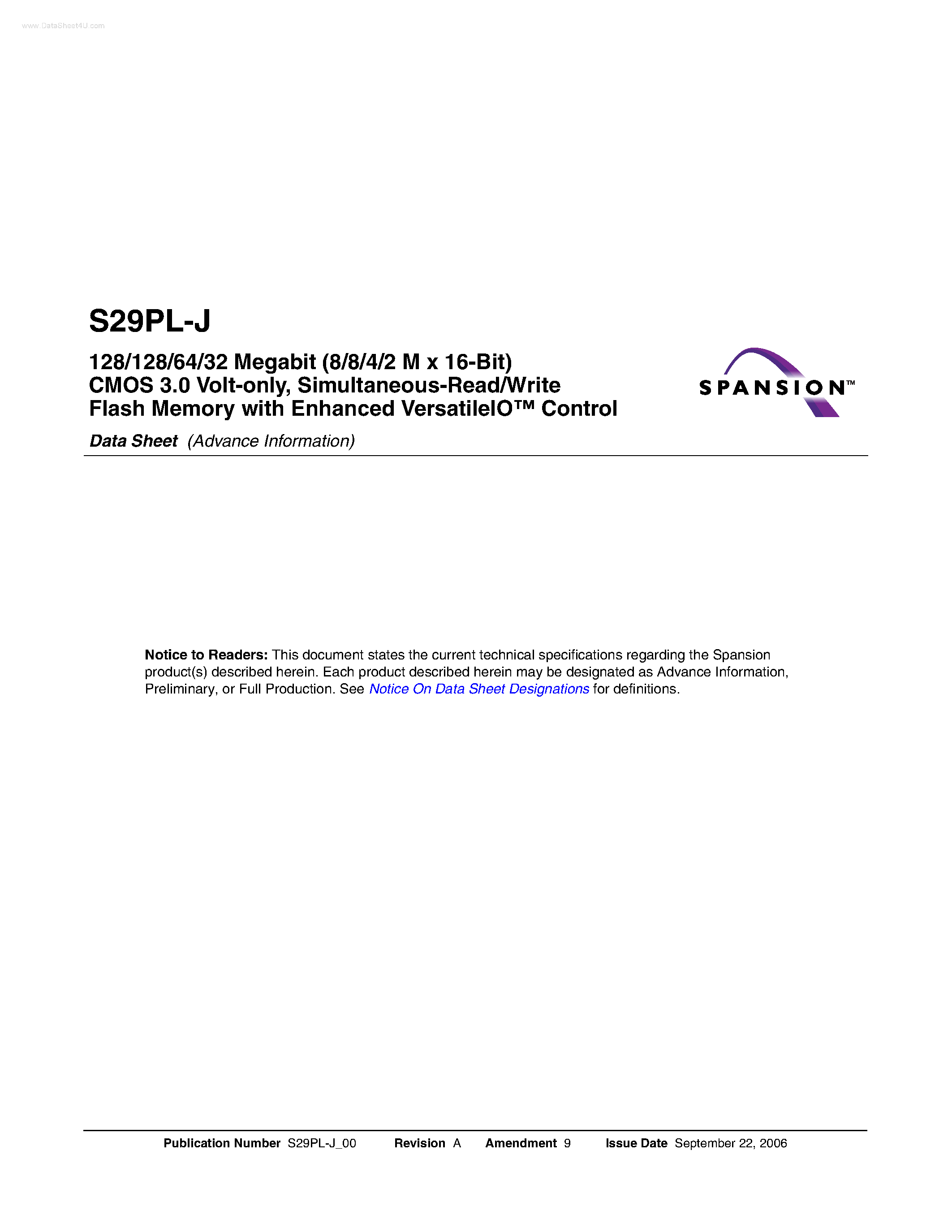 Datasheet S29PL-J page 1 Datasheet S29PL-J - Simultaneous-Read/Write Flash Memory page 1