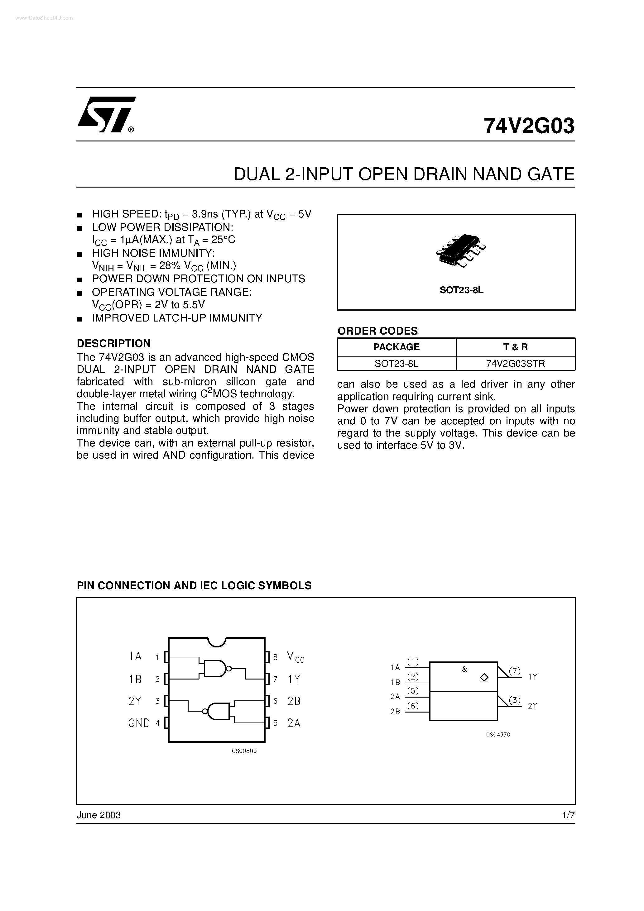 Datasheet 74V2G03 - DUAL 2-INPUT OPEN DRAIN NAND GATE page 1