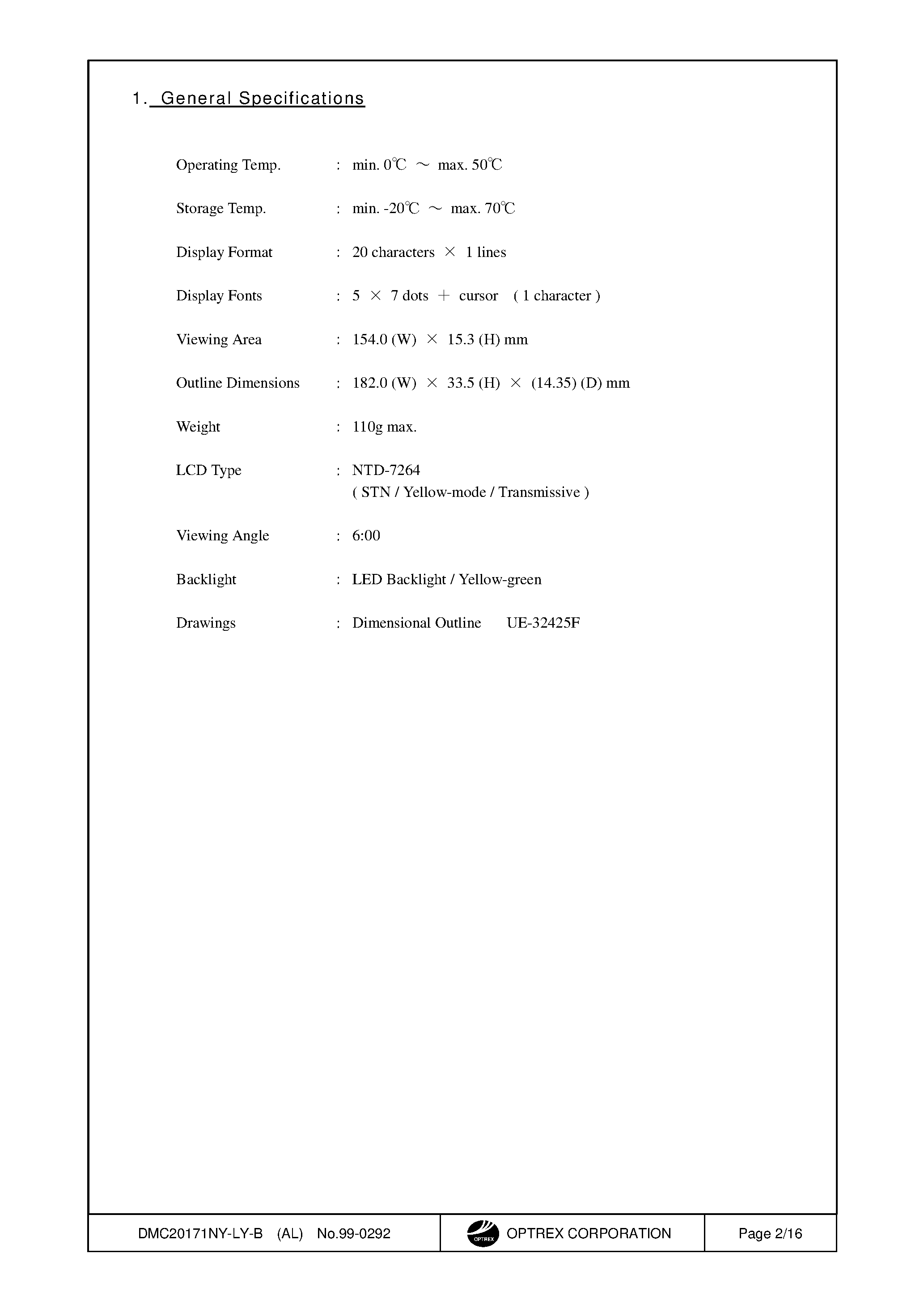 Datasheet DMC20171NY-LY-B - LCD Module Specification page 2