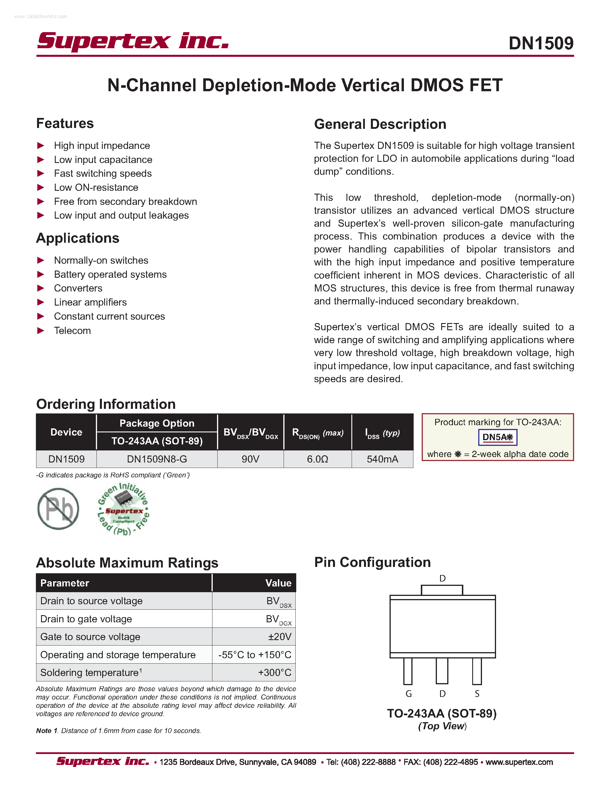 Даташит DN1509 - N-Channel Depletion-Mode Vertical DMOS FET страница 1