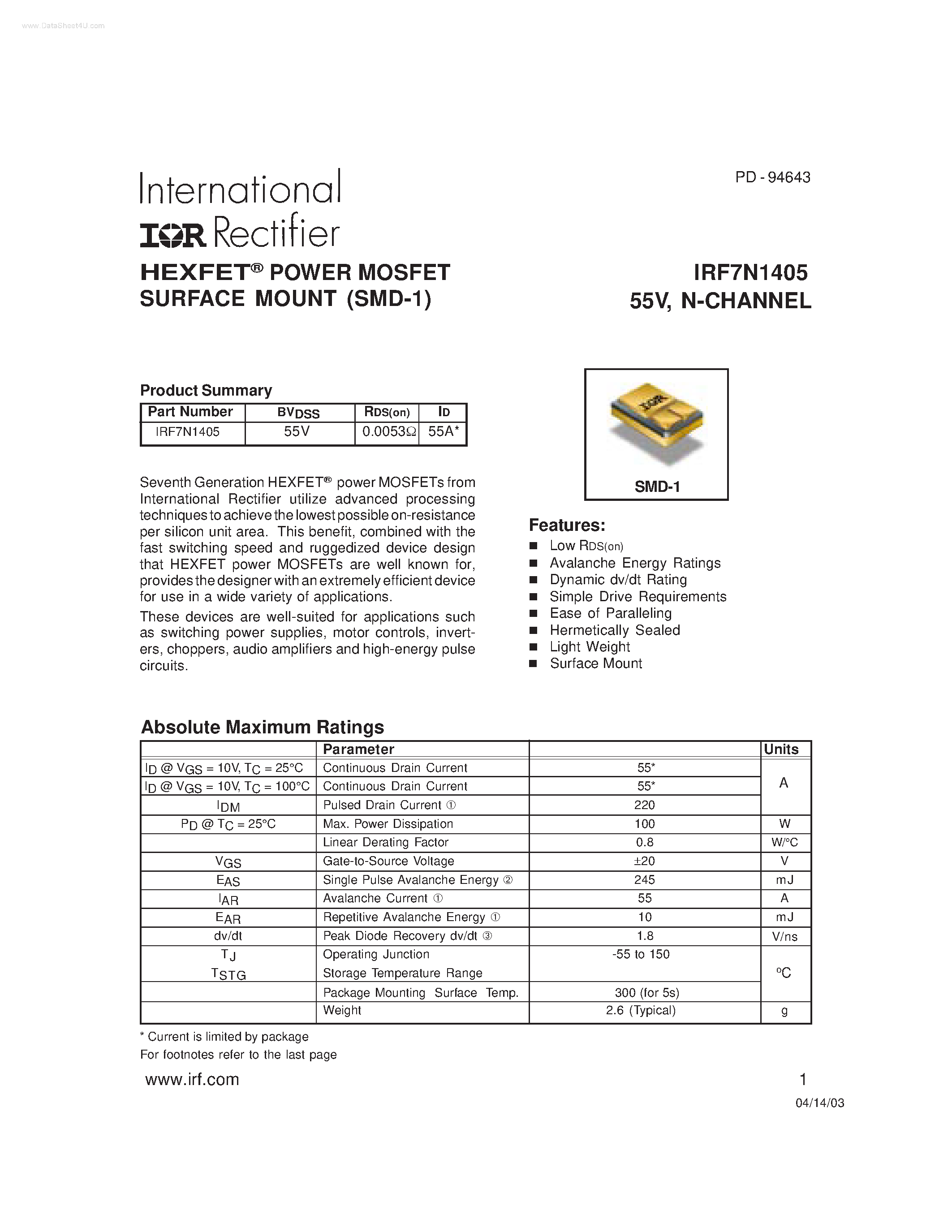 Datasheet IRF7N1405 - HEXFET-R POWER MOSFET SURFACE MOUNT page 1