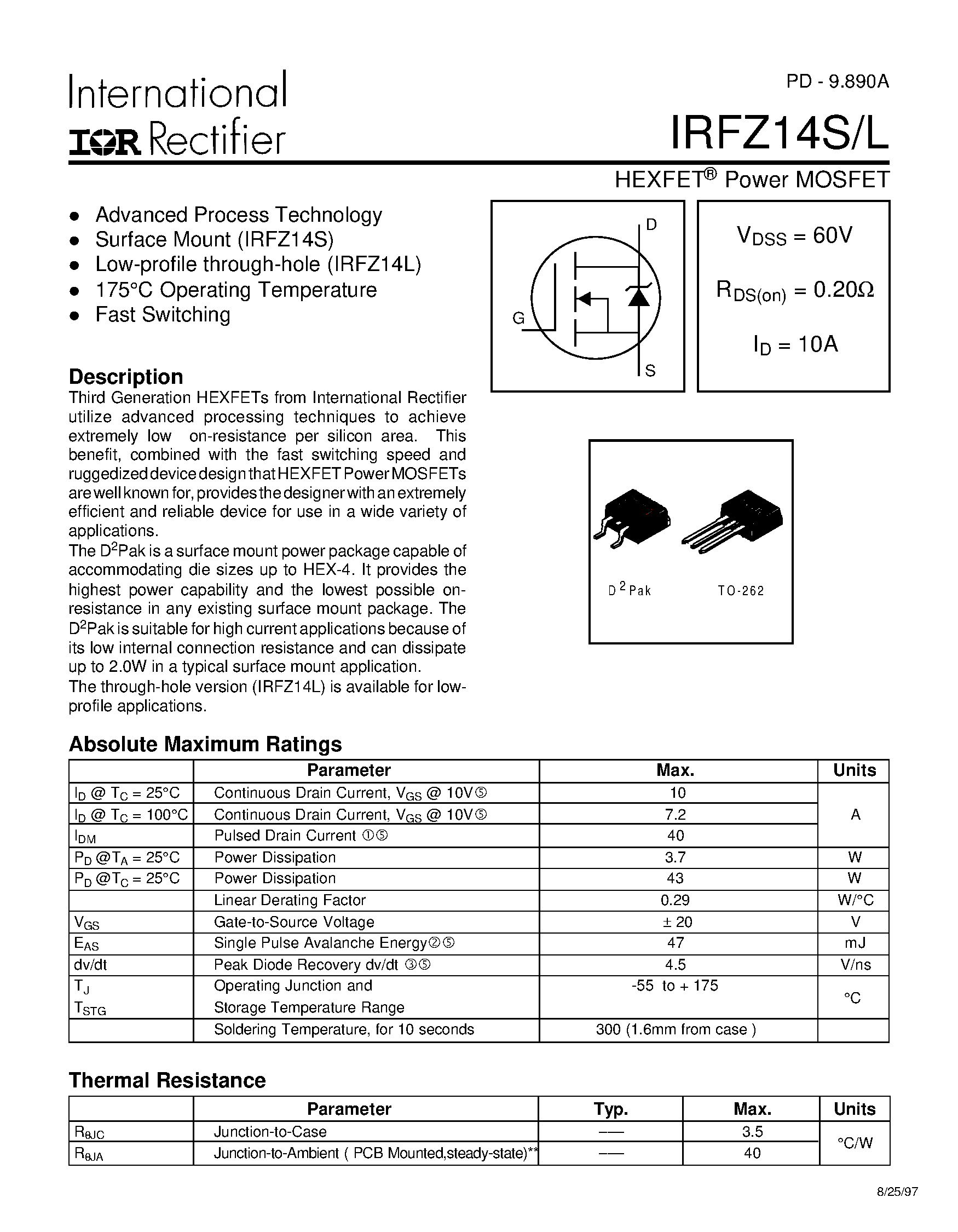 Даташит IRFZ14L - Advanced Process Technology / Surface Mount страница 1