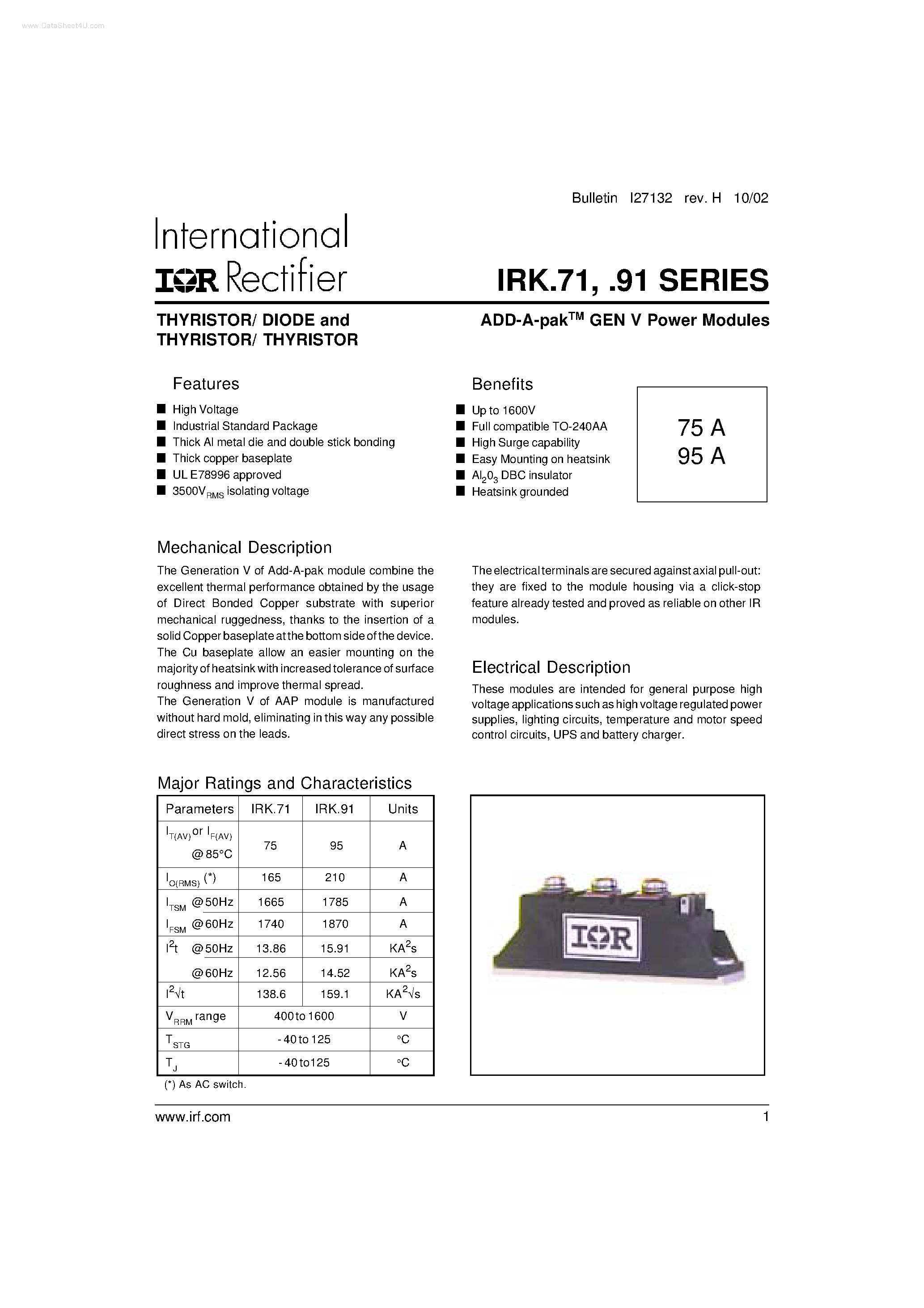 Datasheet IRK71 - (IRK71 / IRK91) ADD-A-pak GEN V Power Modules page 1