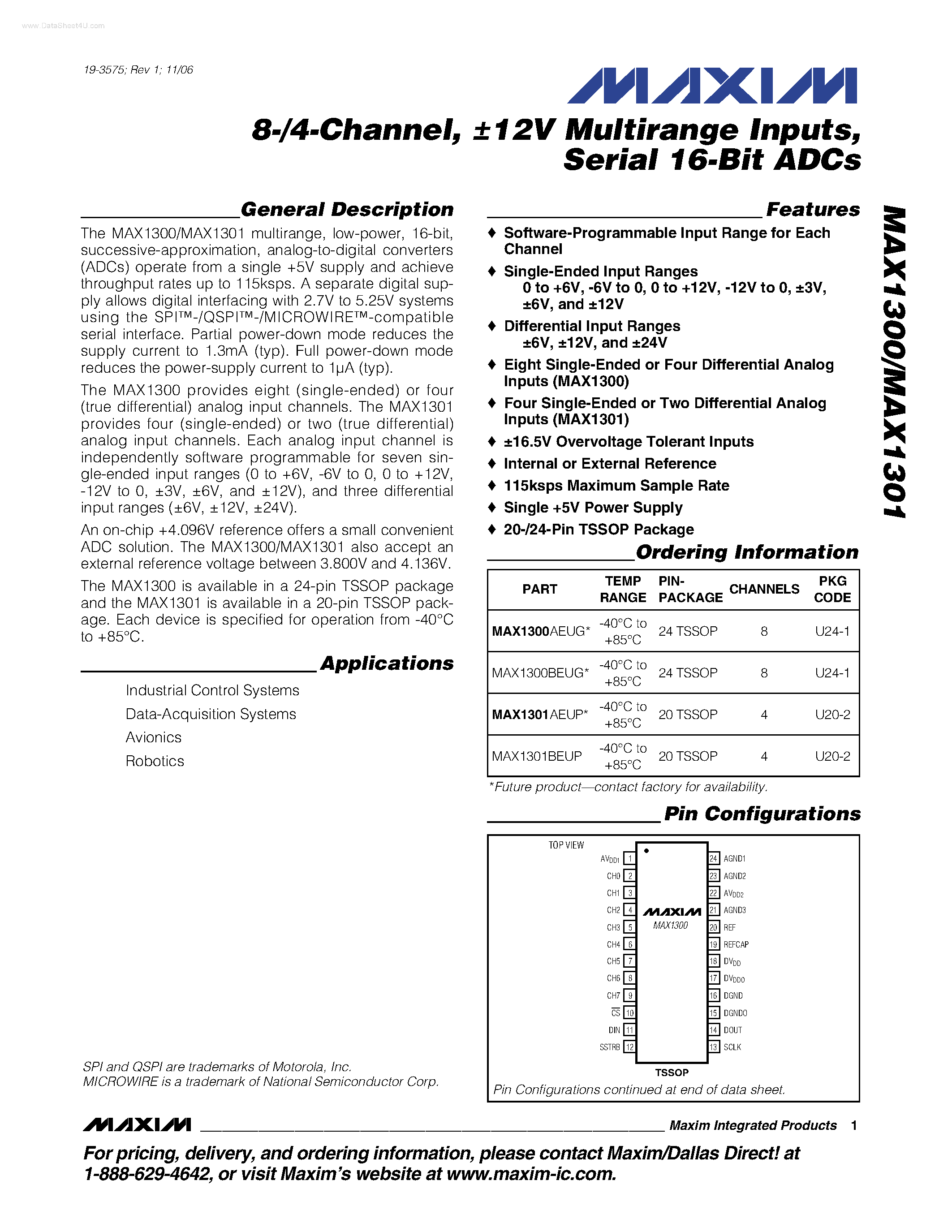 Даташит MAX1300 - (MAX1300 / MAX1301) Serial 16-Bit ADCs страница 1