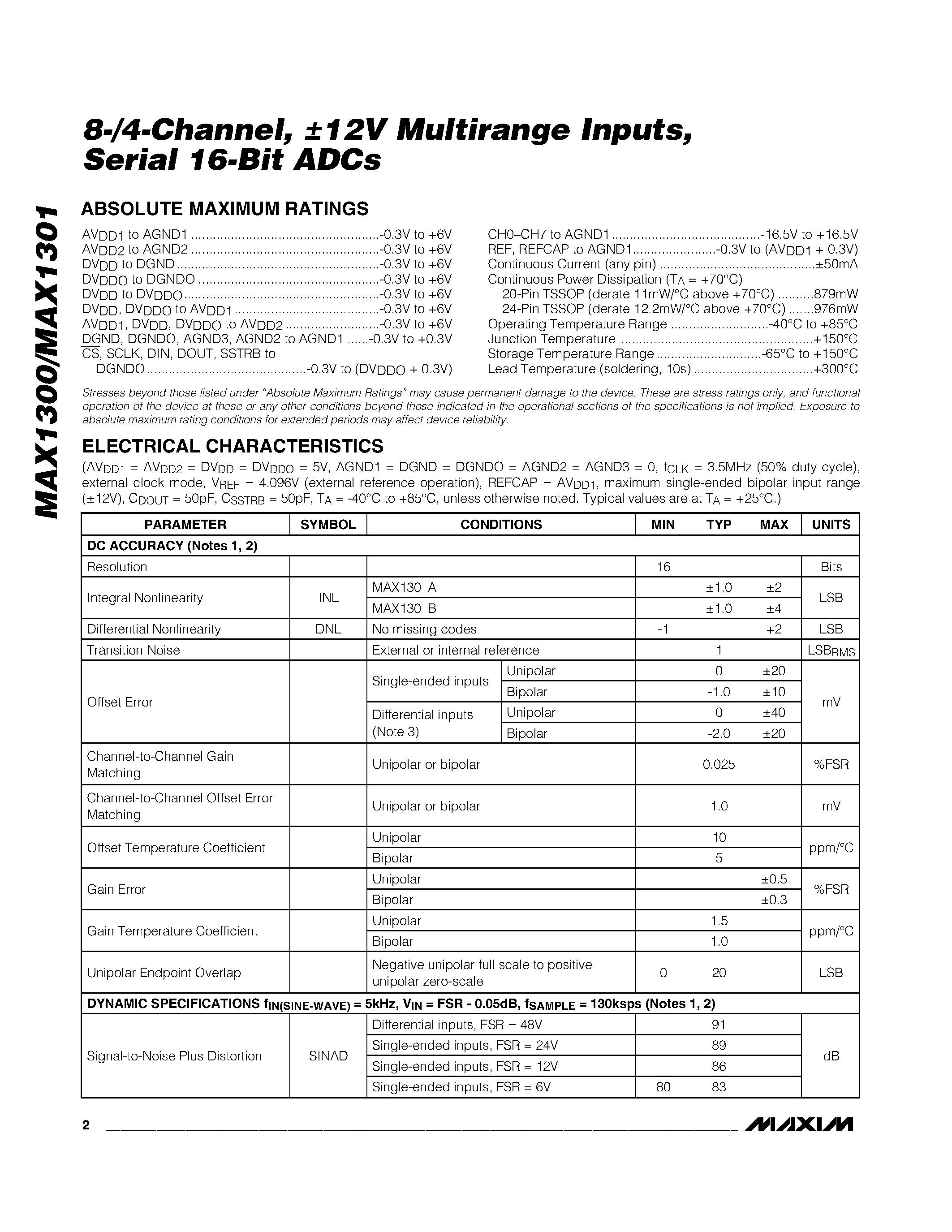 Даташит MAX1300 - (MAX1300 / MAX1301) Serial 16-Bit ADCs страница 2