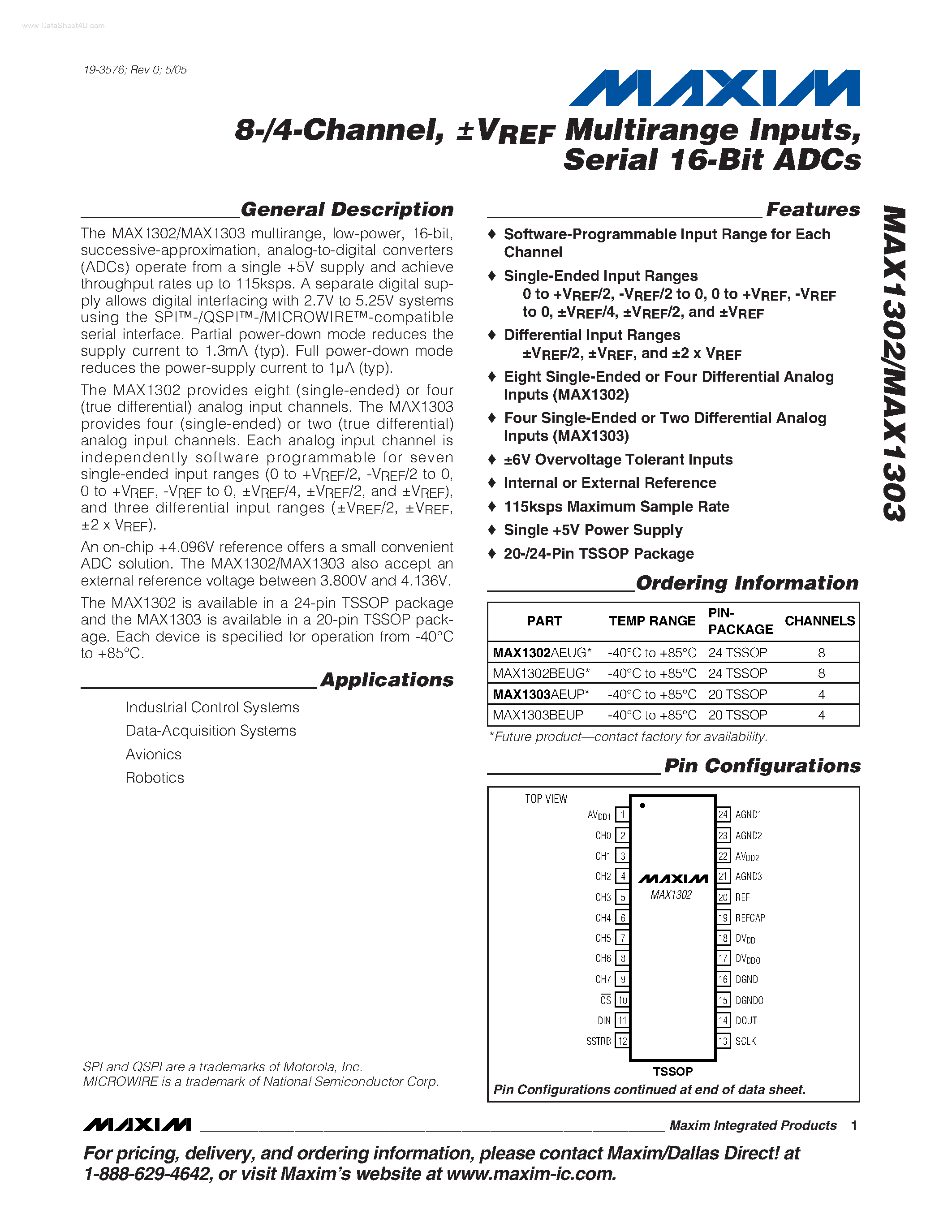 Даташит MAX1302 - (MAX1302 / MAX1303) Serial 16-Bit ADCs страница 1