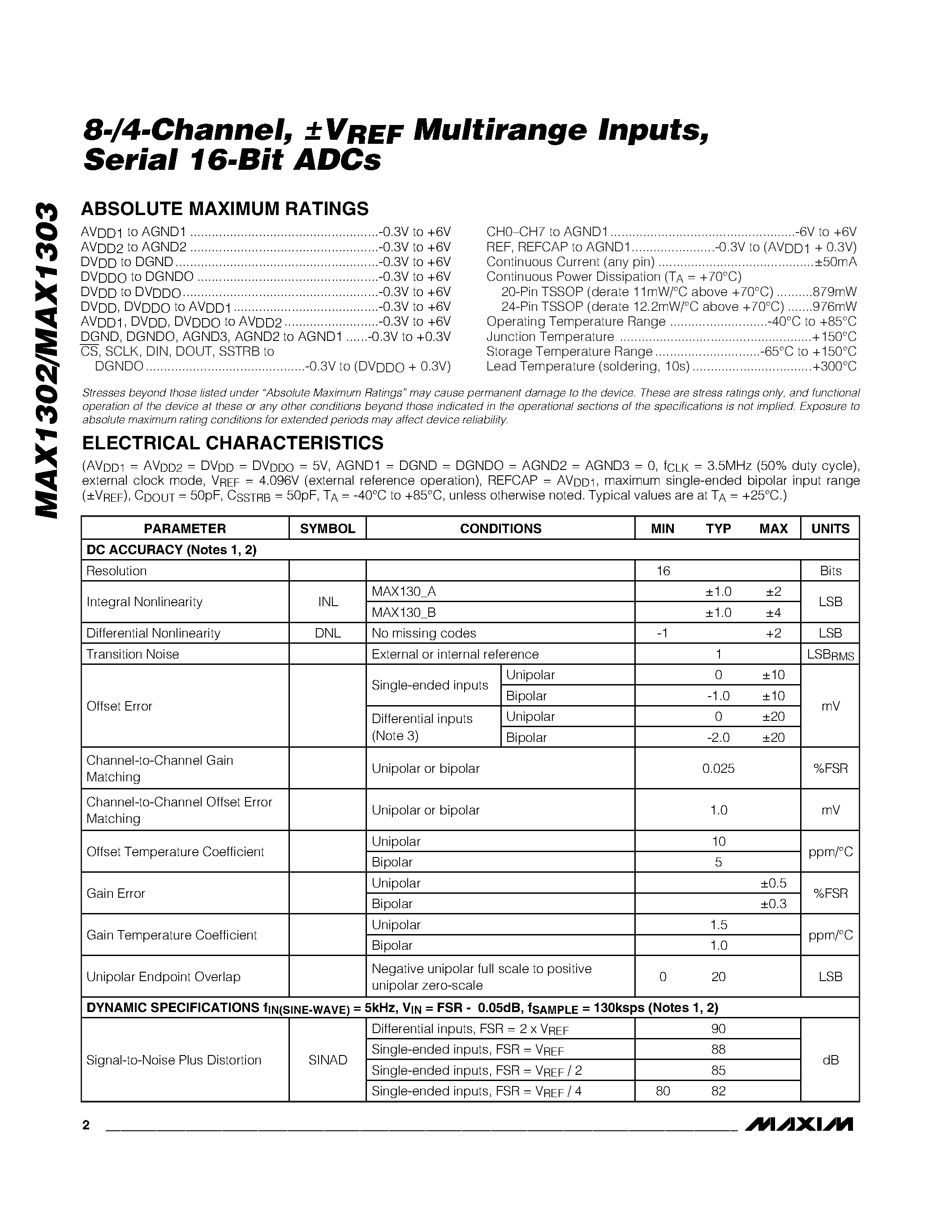 Даташит MAX1302 - (MAX1302 / MAX1303) Serial 16-Bit ADCs страница 2