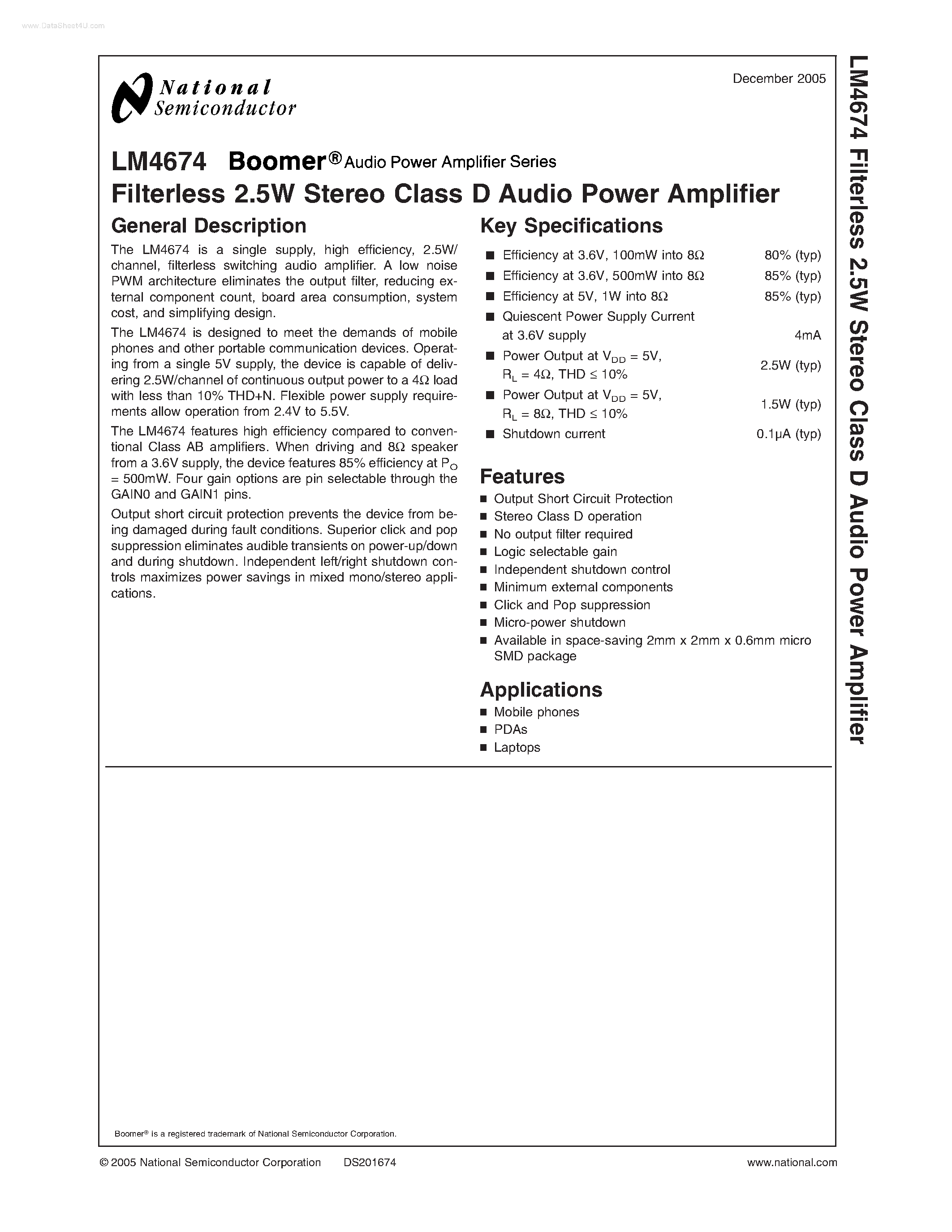 Даташит LM4674 - Filterless 2.5W Stereo Class D Audio Power Amplifier страница 1