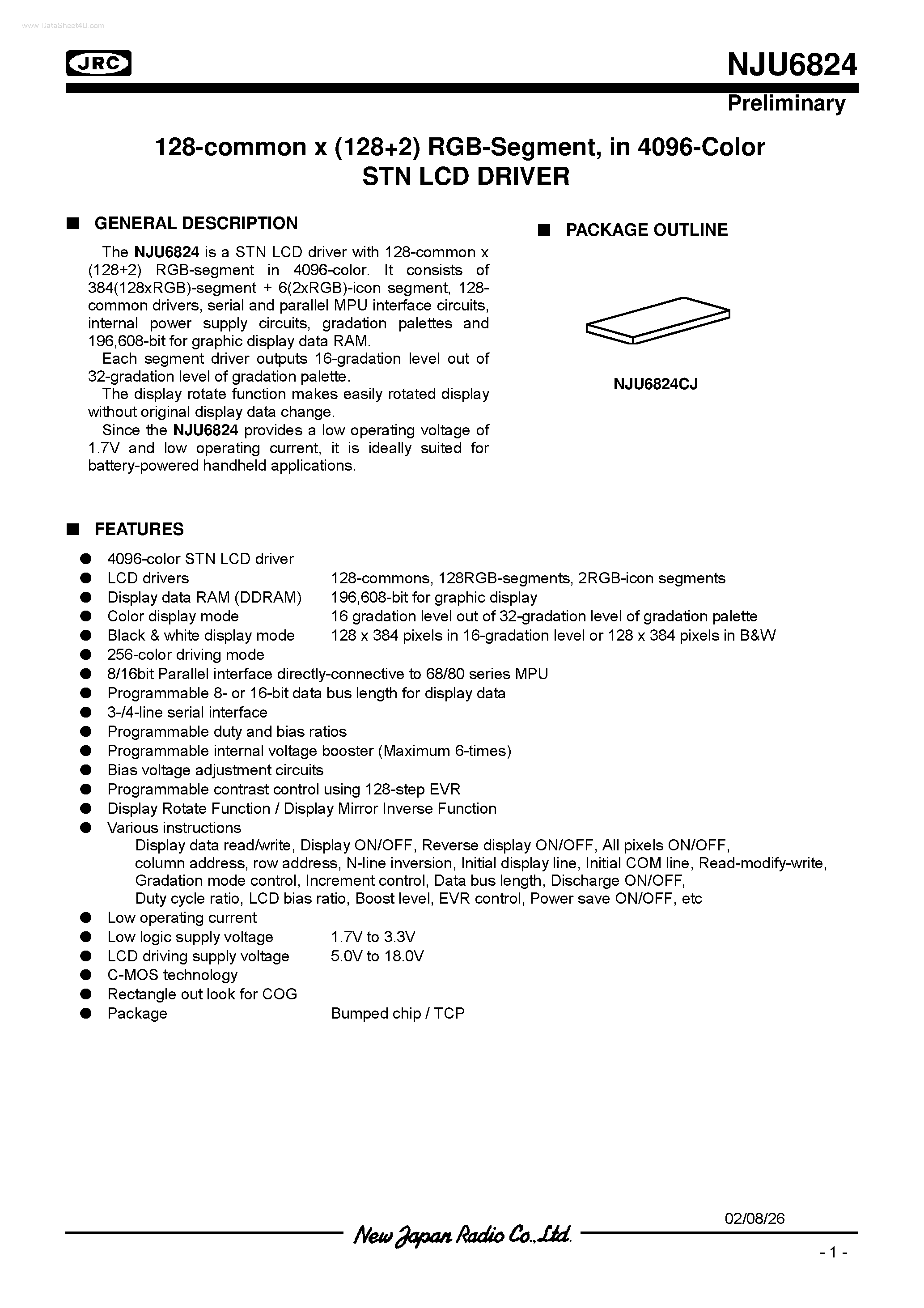 Даташит NJU6824 - 128-common x (128+2) RGB-Segment страница 1
