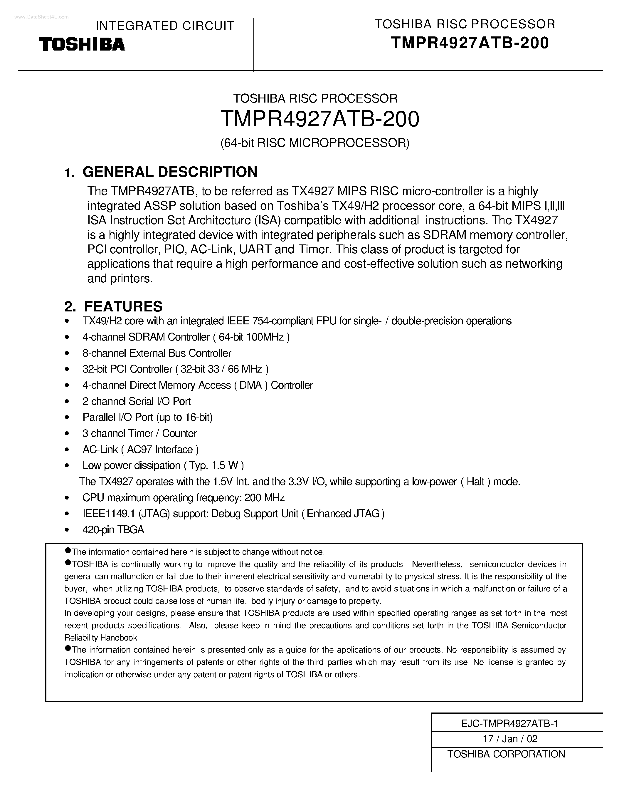 Даташит TMPR4927ATB-200 - RISC PROCESSOR страница 1