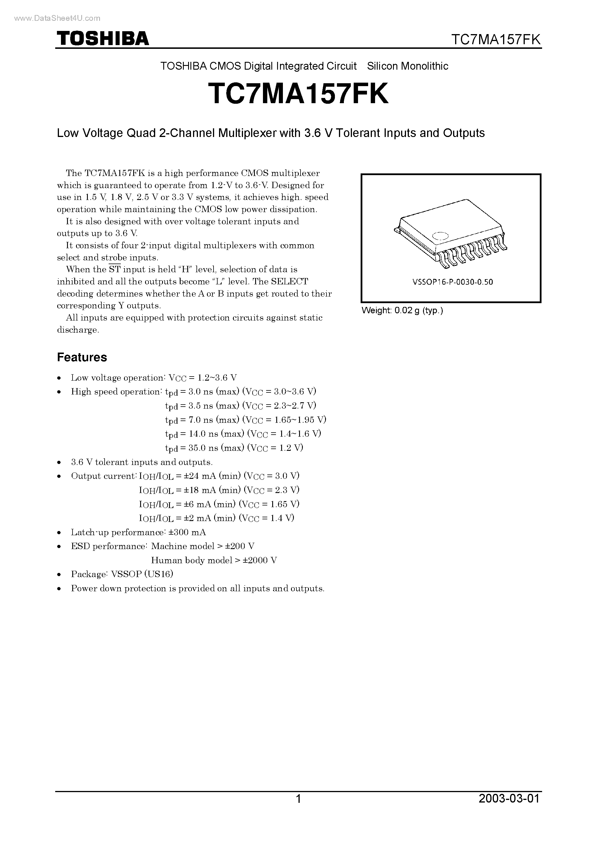 Даташит TC7MA157FK - Low Voltage Quad 2-Channel Multiplexer страница 1