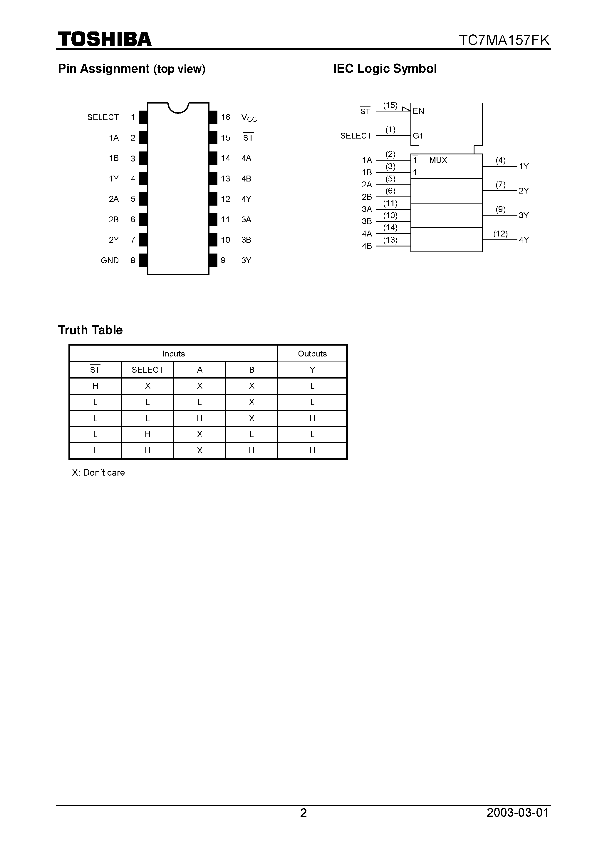 Даташит TC7MA157FK - Low Voltage Quad 2-Channel Multiplexer страница 2