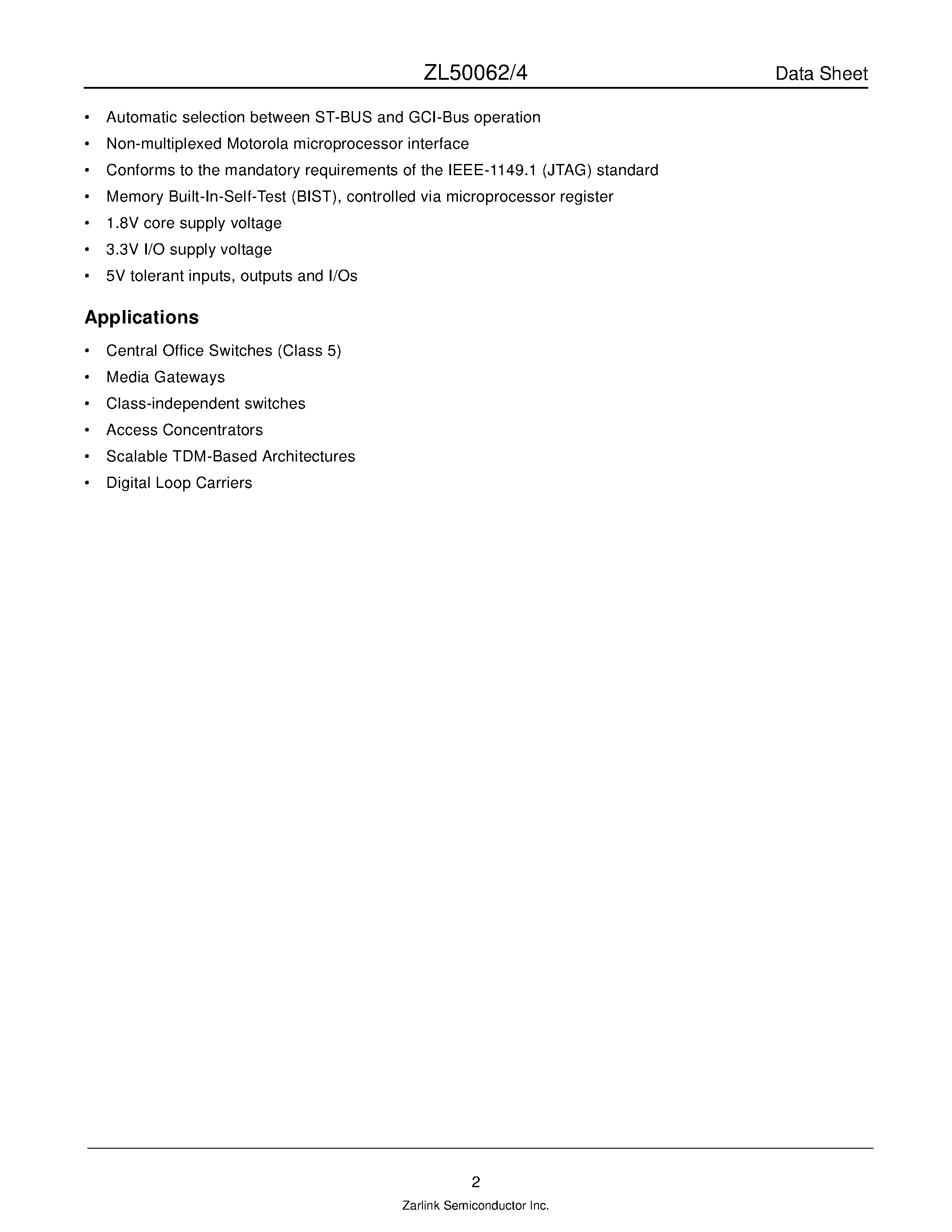 Datasheet ZL50062 - (ZL50062 / ZL50064) 16K-Channel Digital Switch page 2