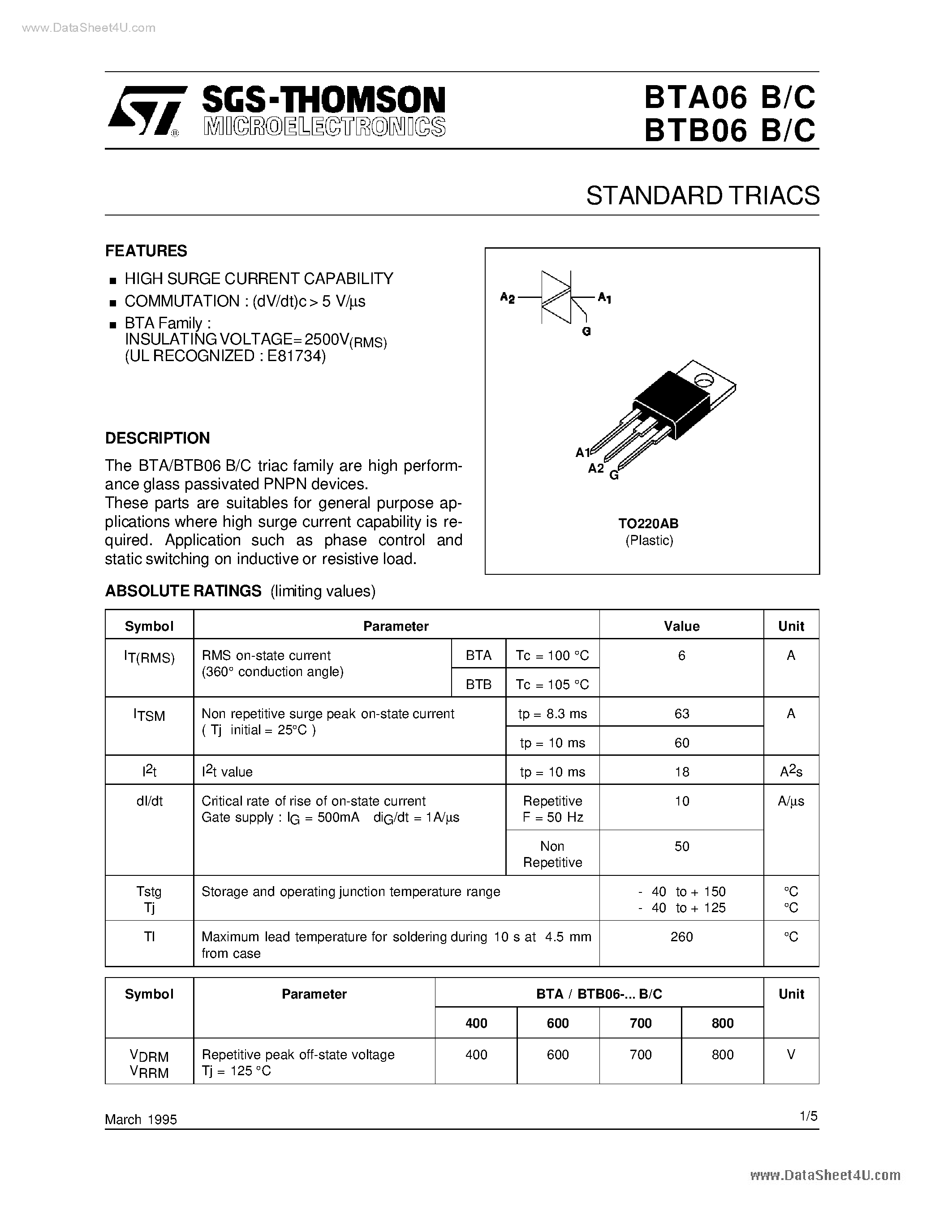 Datasheet BTA06B - Standard Triacs page 1