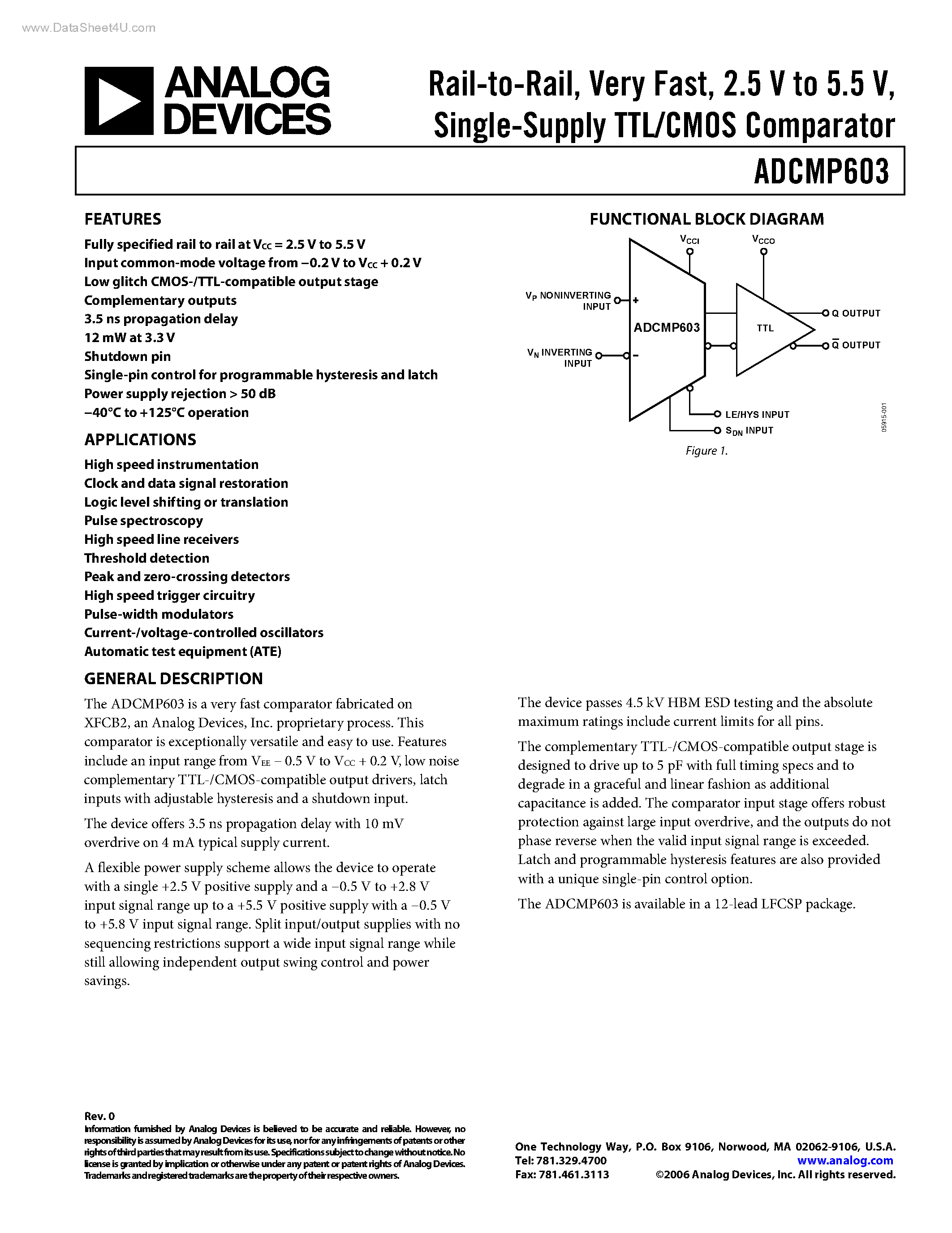 Даташит ADCMP603 - Single-Supply TTL/CMOS Comparator страница 1