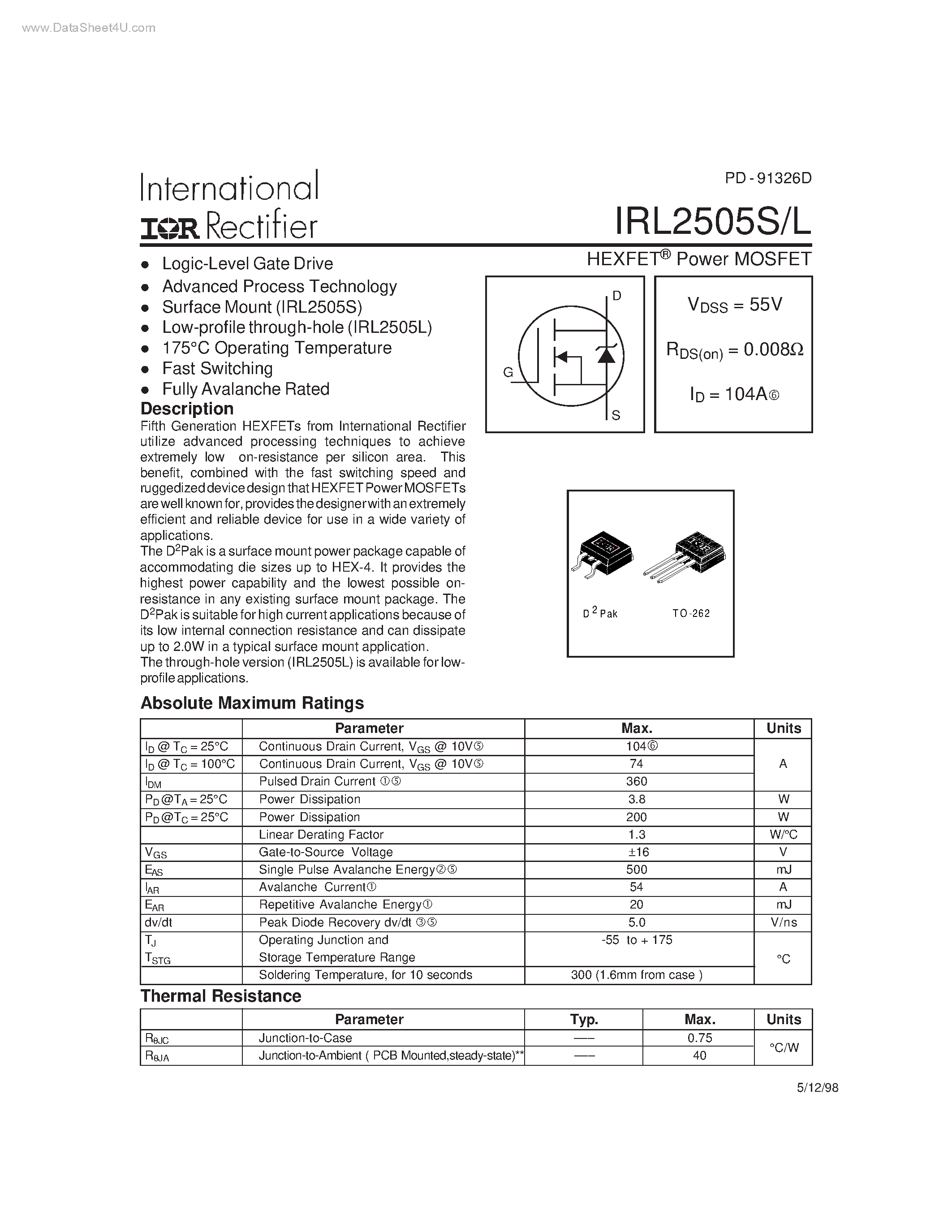 Datasheet IRL2505L - Power MOSFET page 1