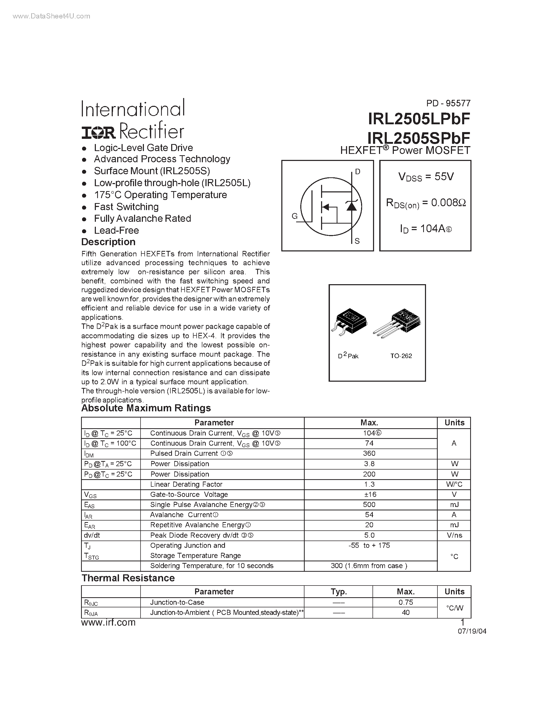 Datasheet IRL2505LPBF - HEXFET Power MOSFET page 1