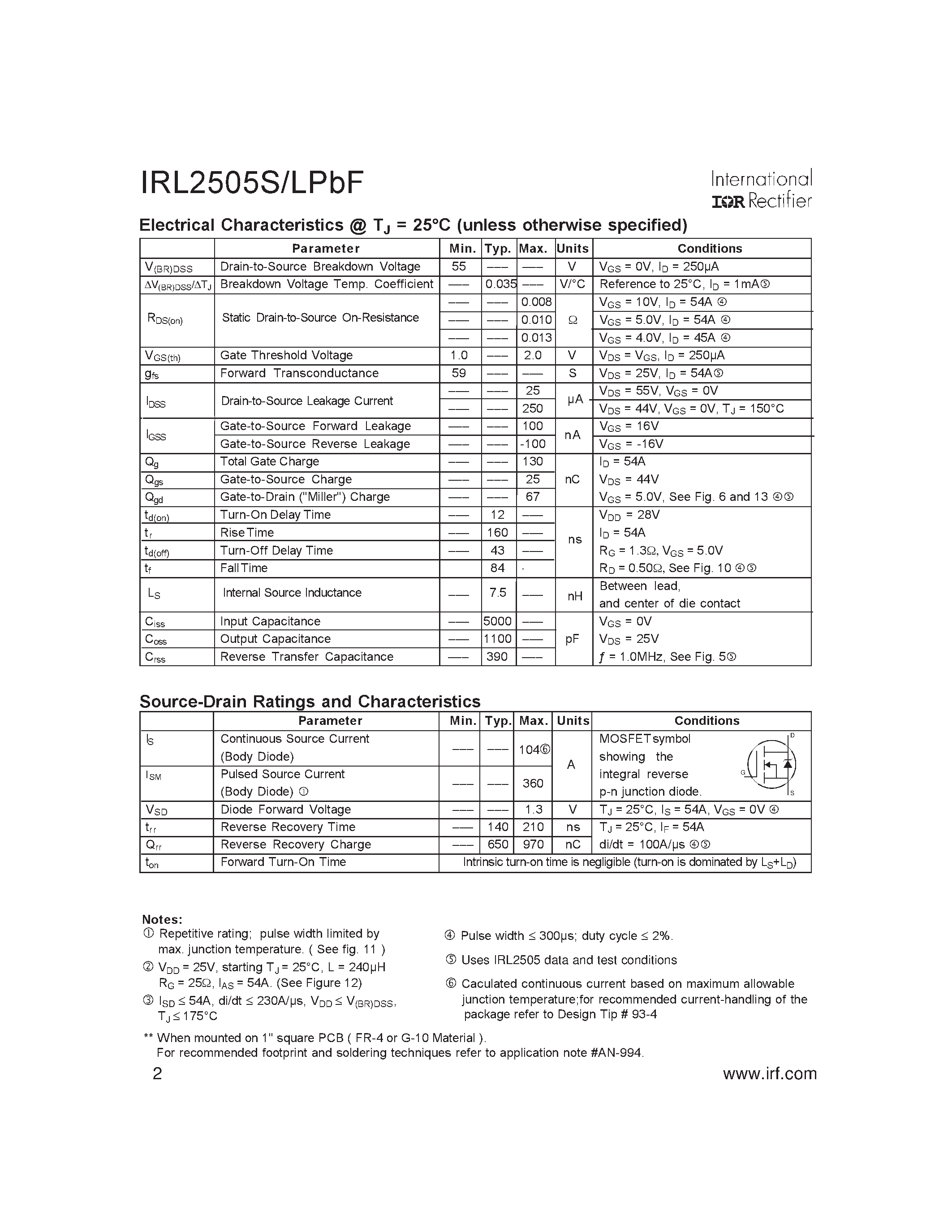 Datasheet IRL2505LPBF - HEXFET Power MOSFET page 2