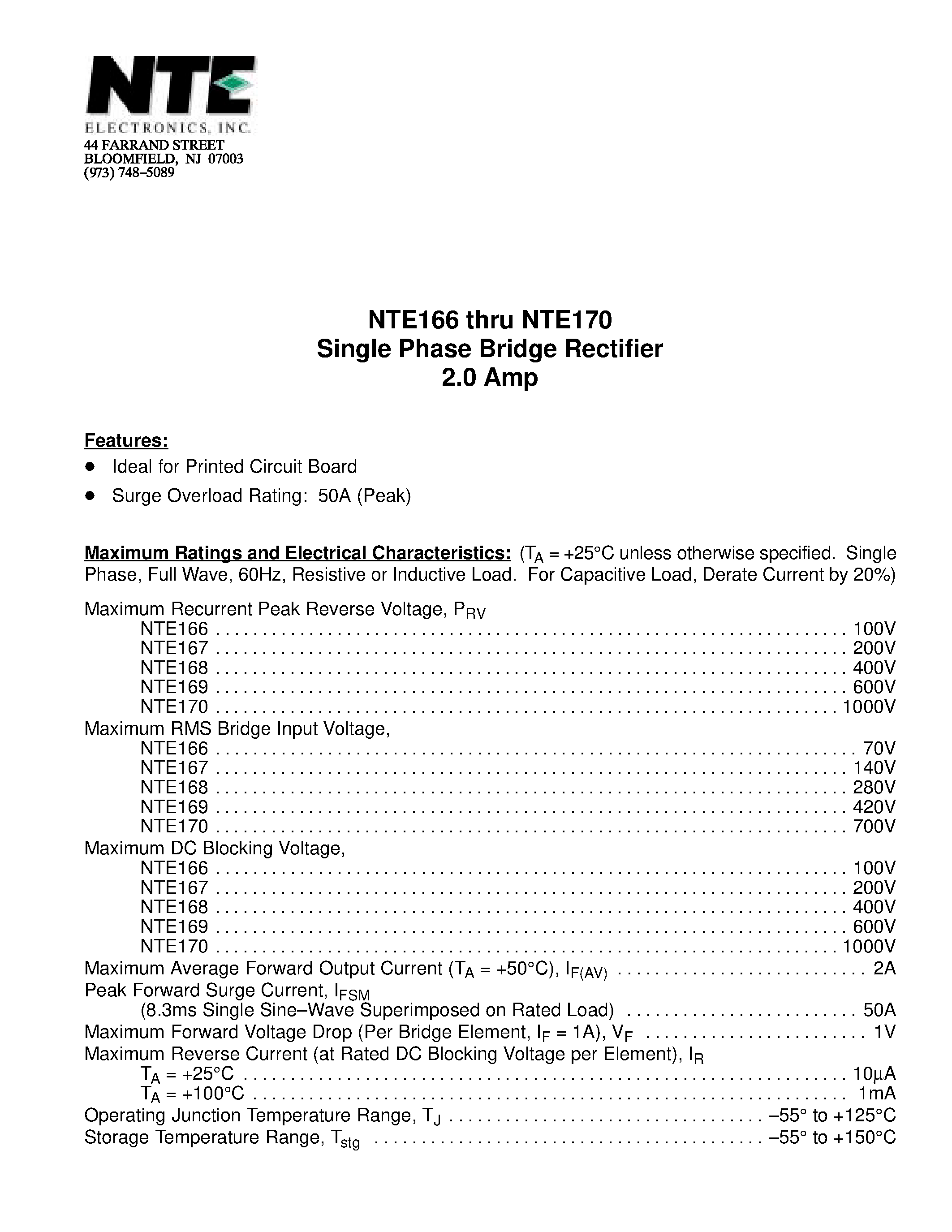 Даташит NTE166 - (NTE166 - NTE170) Single Phase Bridge Rectifier 2.0 Amp страница 1