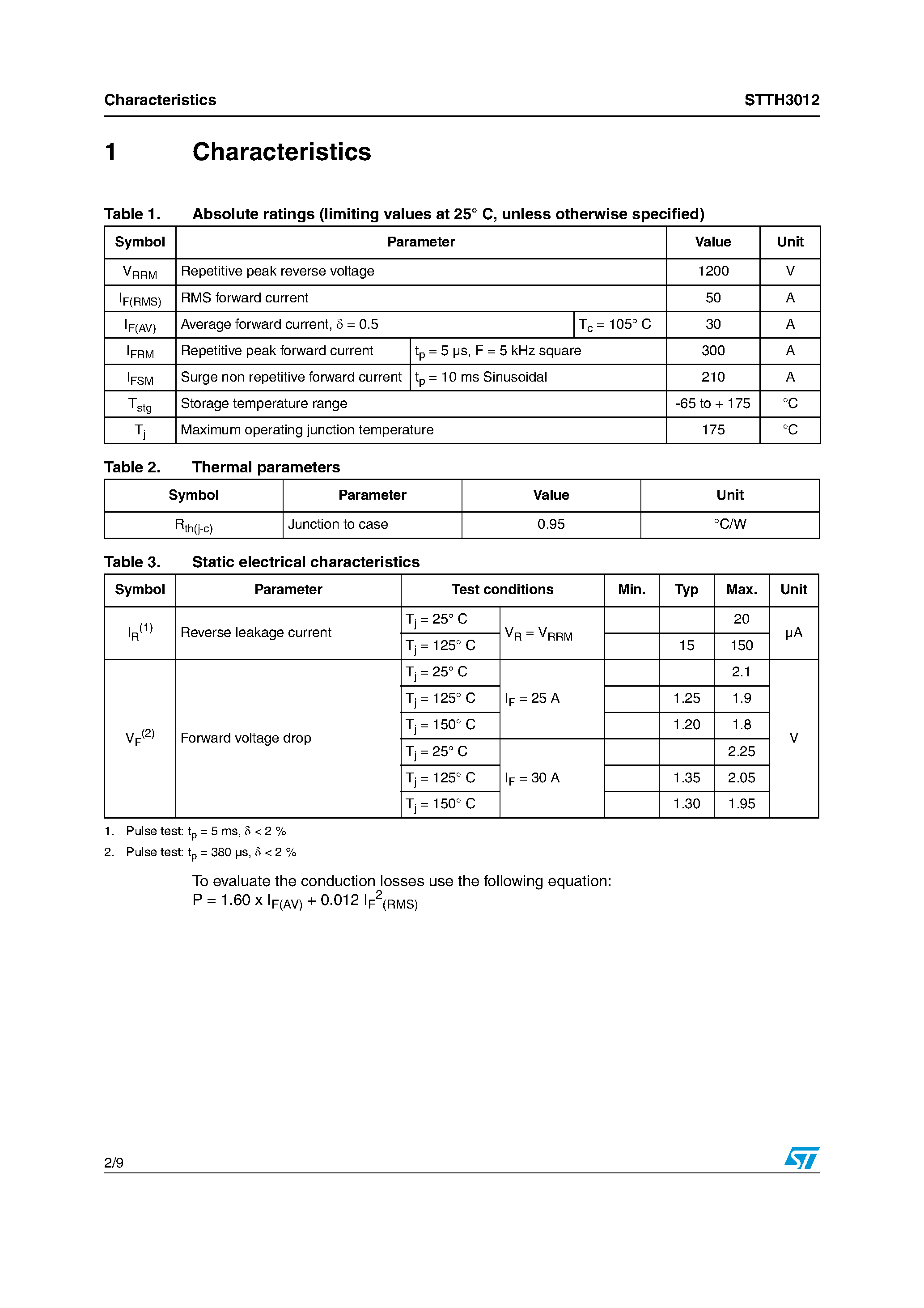 Даташит на микросхему STTH3012 страница 2 Даташит STTH3012 - Ultrafast recovery - 1200 V diode страница 2