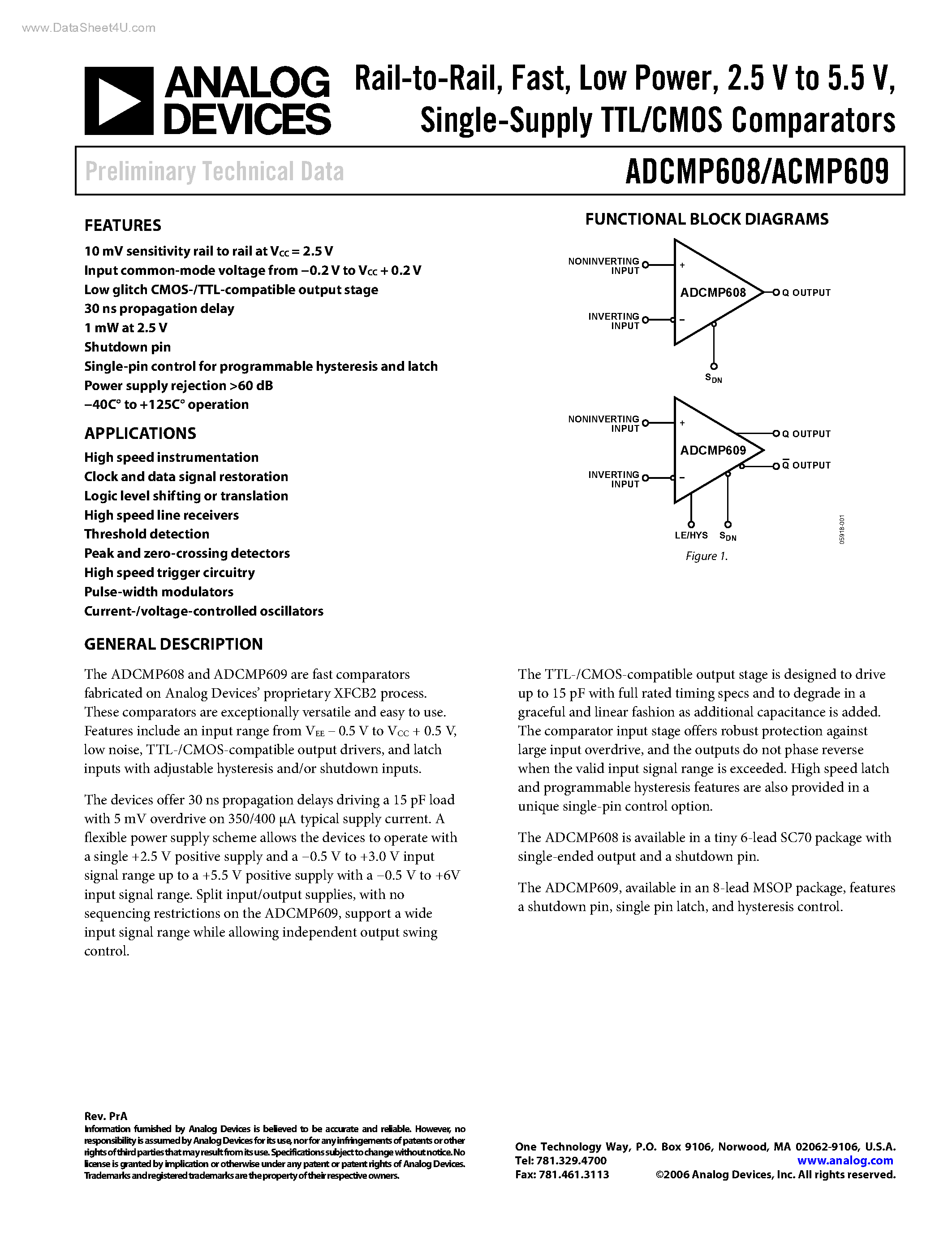 Даташит ADCMP608 - (ADCMP608 / ADCMP609) Single-Supply TTL/CMOS Comparators страница 1