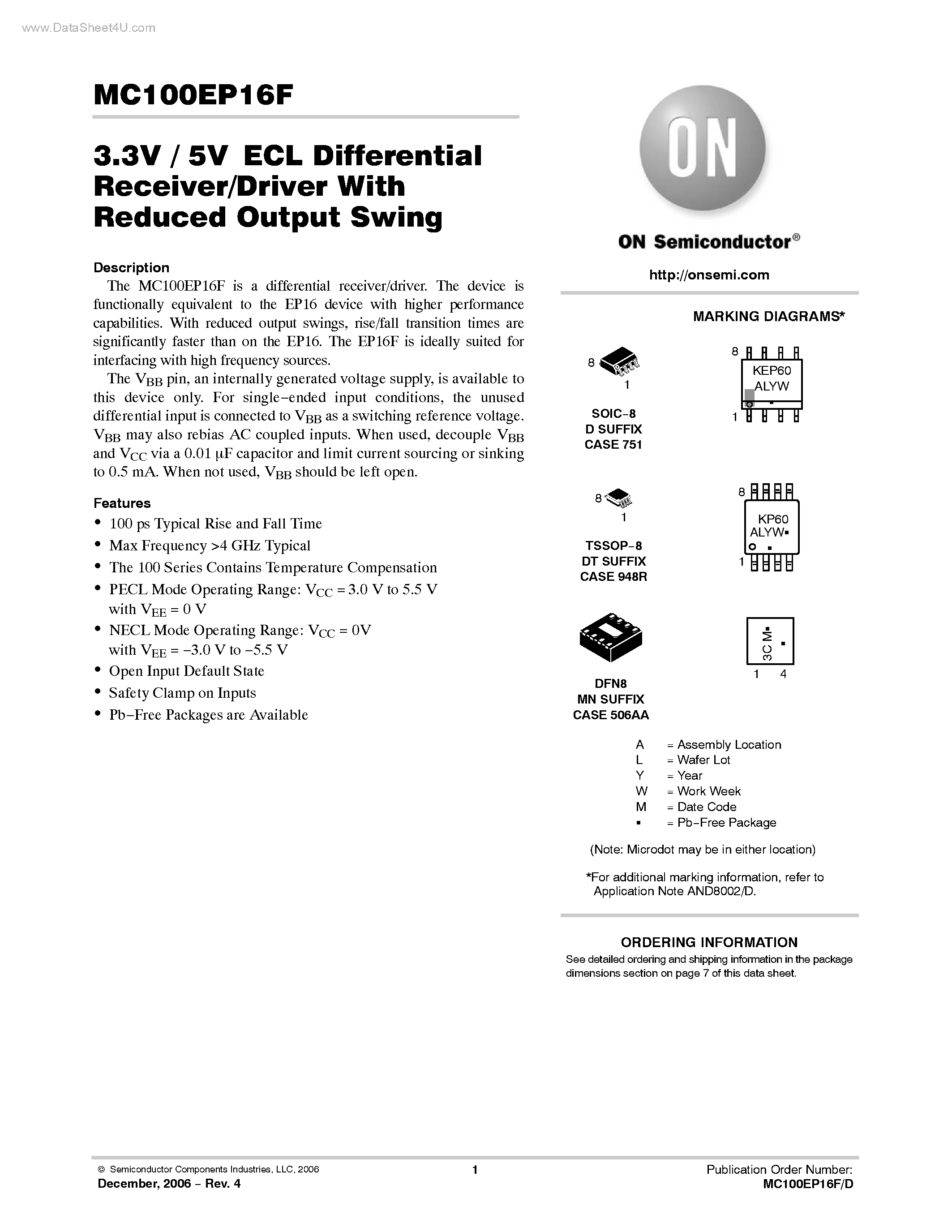 Datasheet MC100EP16F - ECL Differential Receiver/Driver page 1