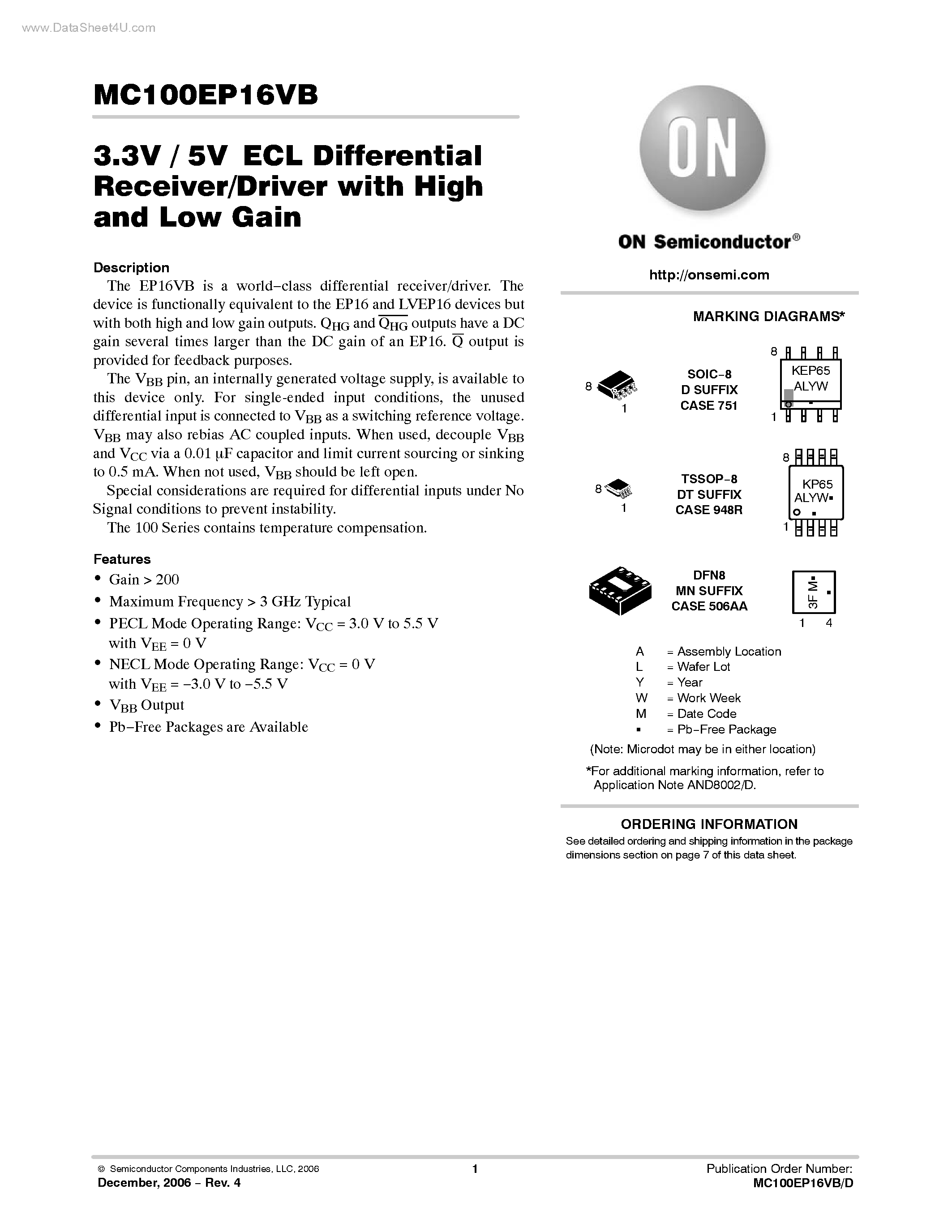 Datasheet MC100EP16VB - ECL Differential Receiver/Driver page 1