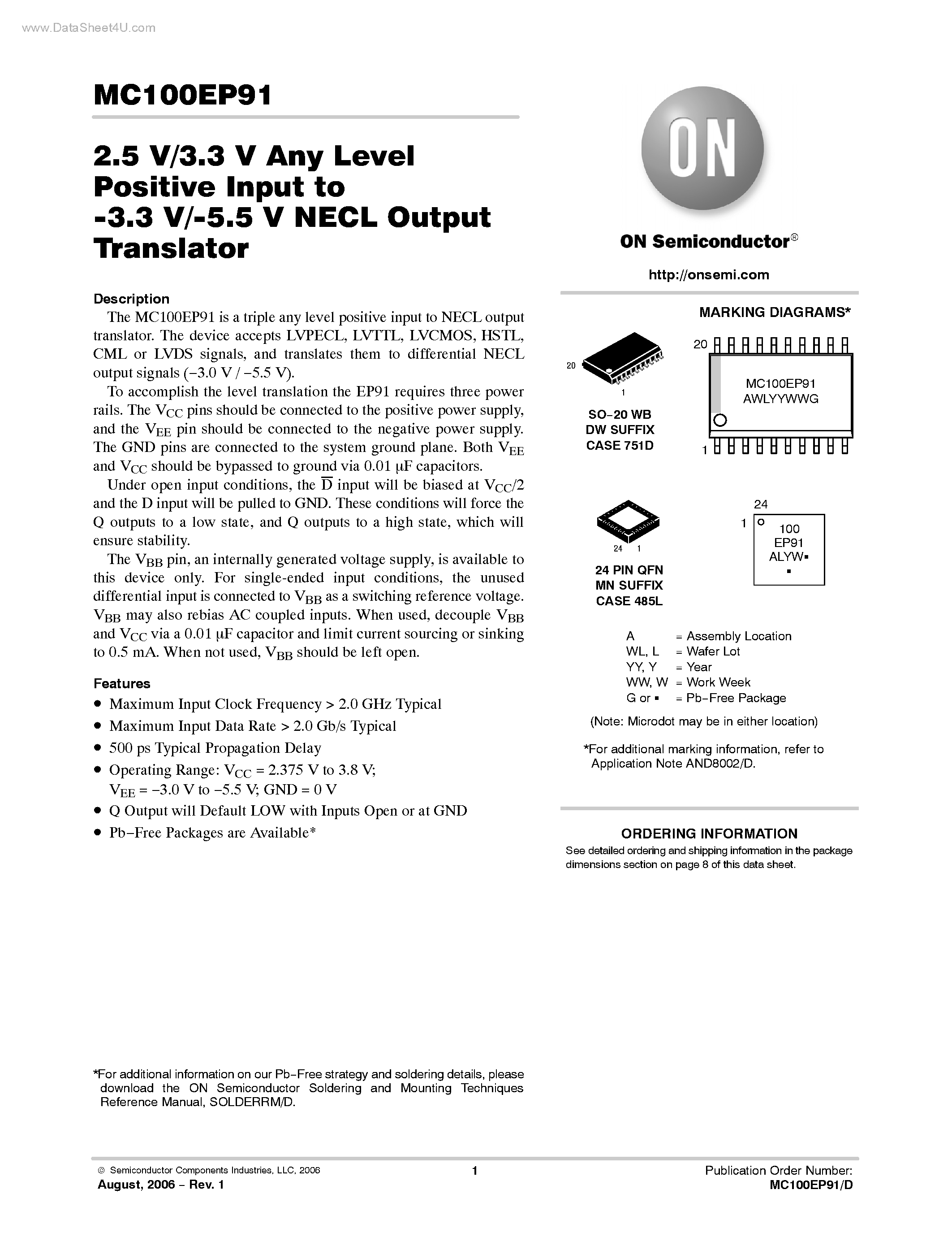 Datasheet MC100EP91 - NECL Output Translator page 1